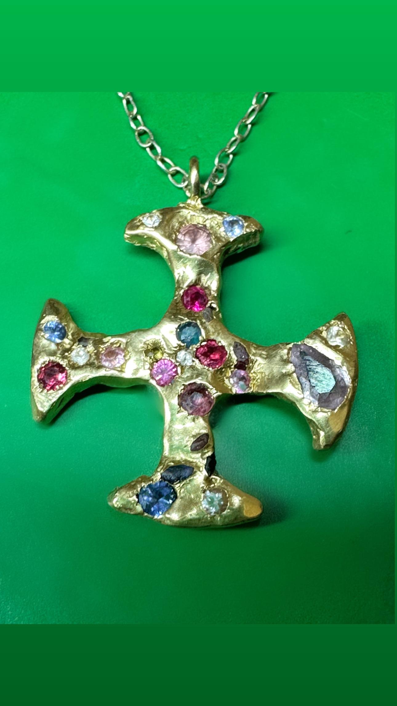 Divine Byzantine Modern 18K Yellow Gold Cross Adorned with Sapphires 1