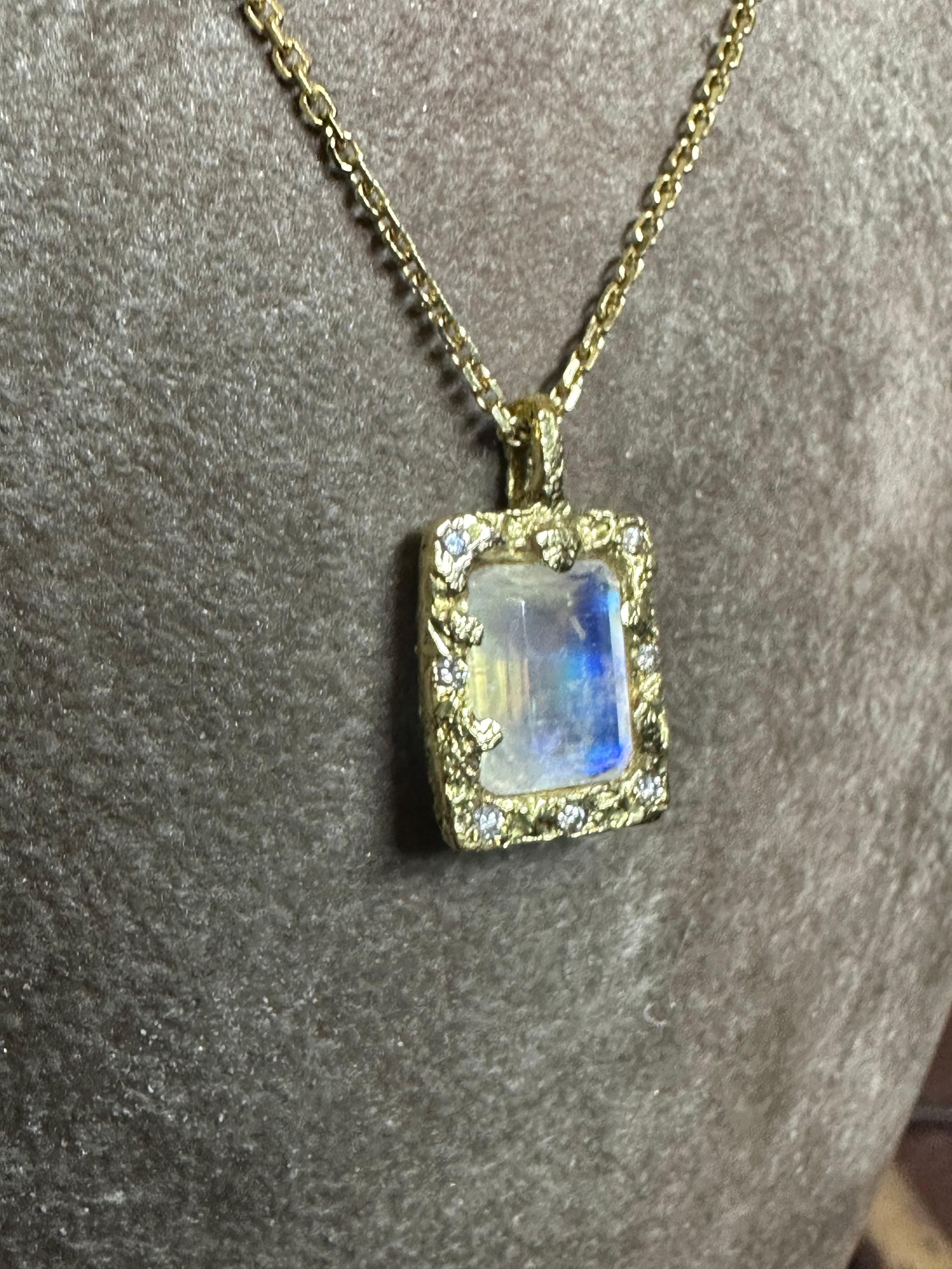 Modernist One of a Kind 18k Yellow Gold Emerald Cut Moonstone Necklace with Diamonds