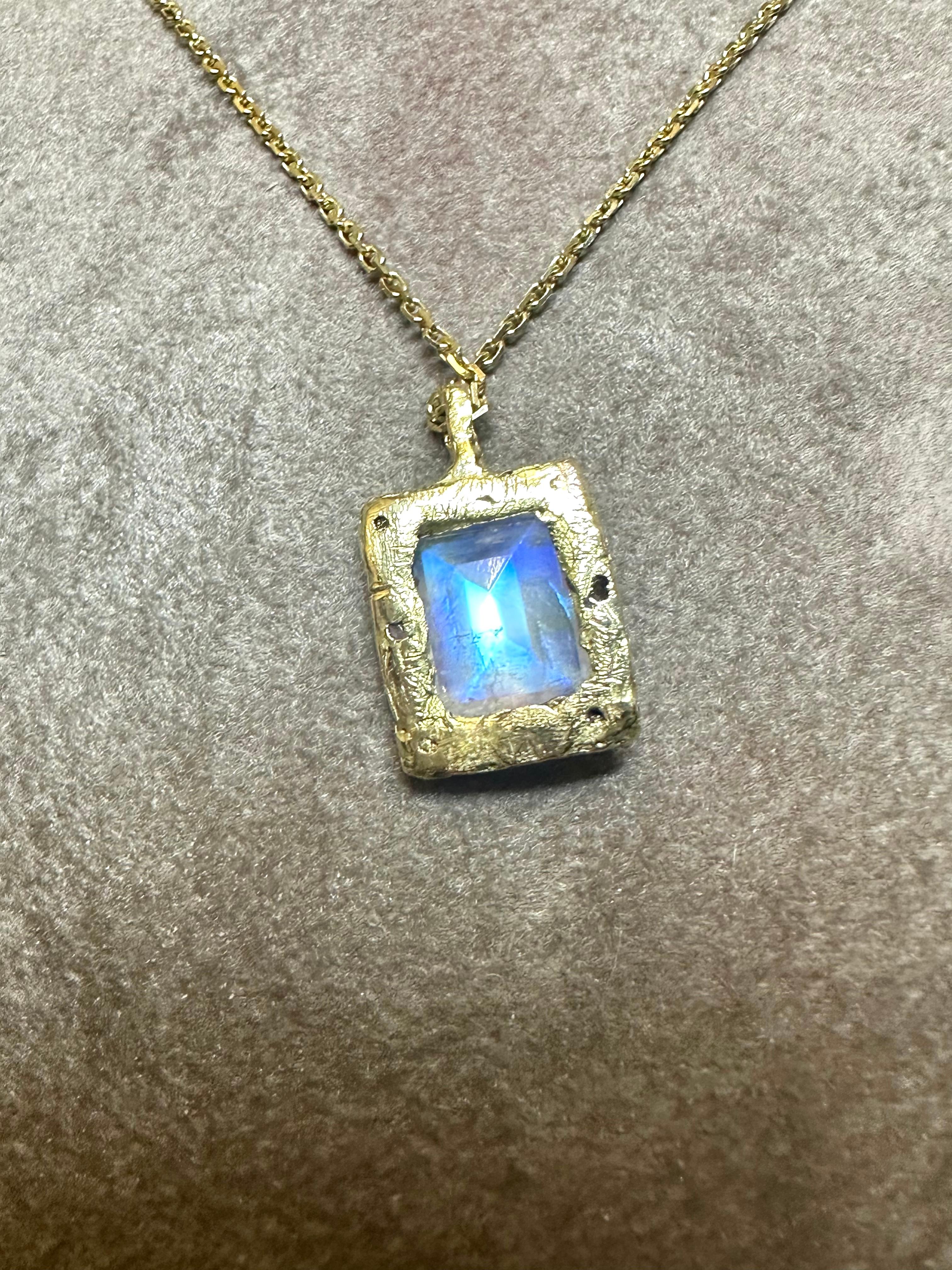 Women's One of a Kind 18k Yellow Gold Emerald Cut Moonstone Necklace with Diamonds