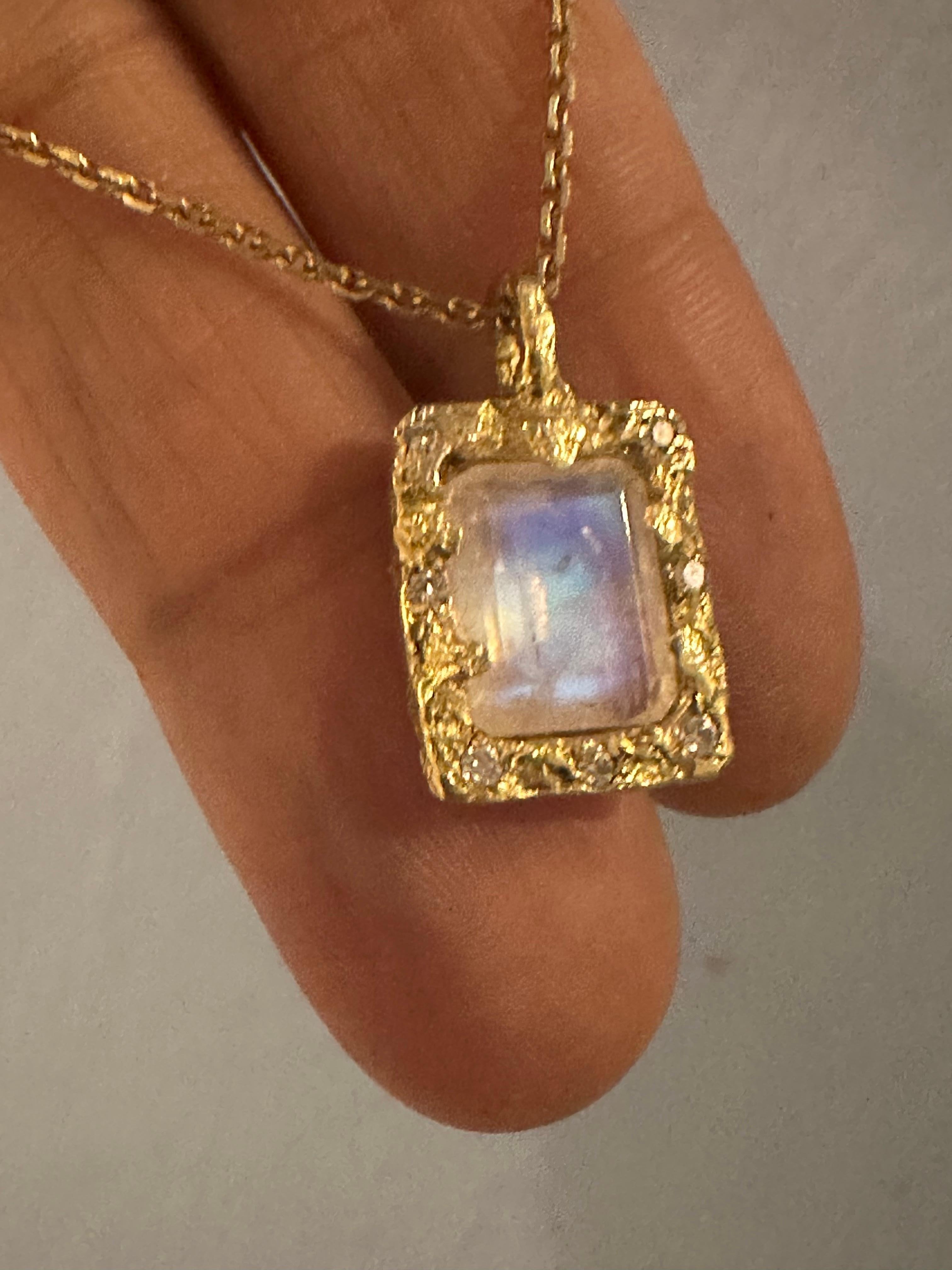 One of a Kind 18k Yellow Gold Emerald Cut Moonstone Necklace with Diamonds 2