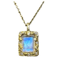 One of a Kind 18k Yellow Gold Emerald Cut Moonstone Necklace with Diamonds