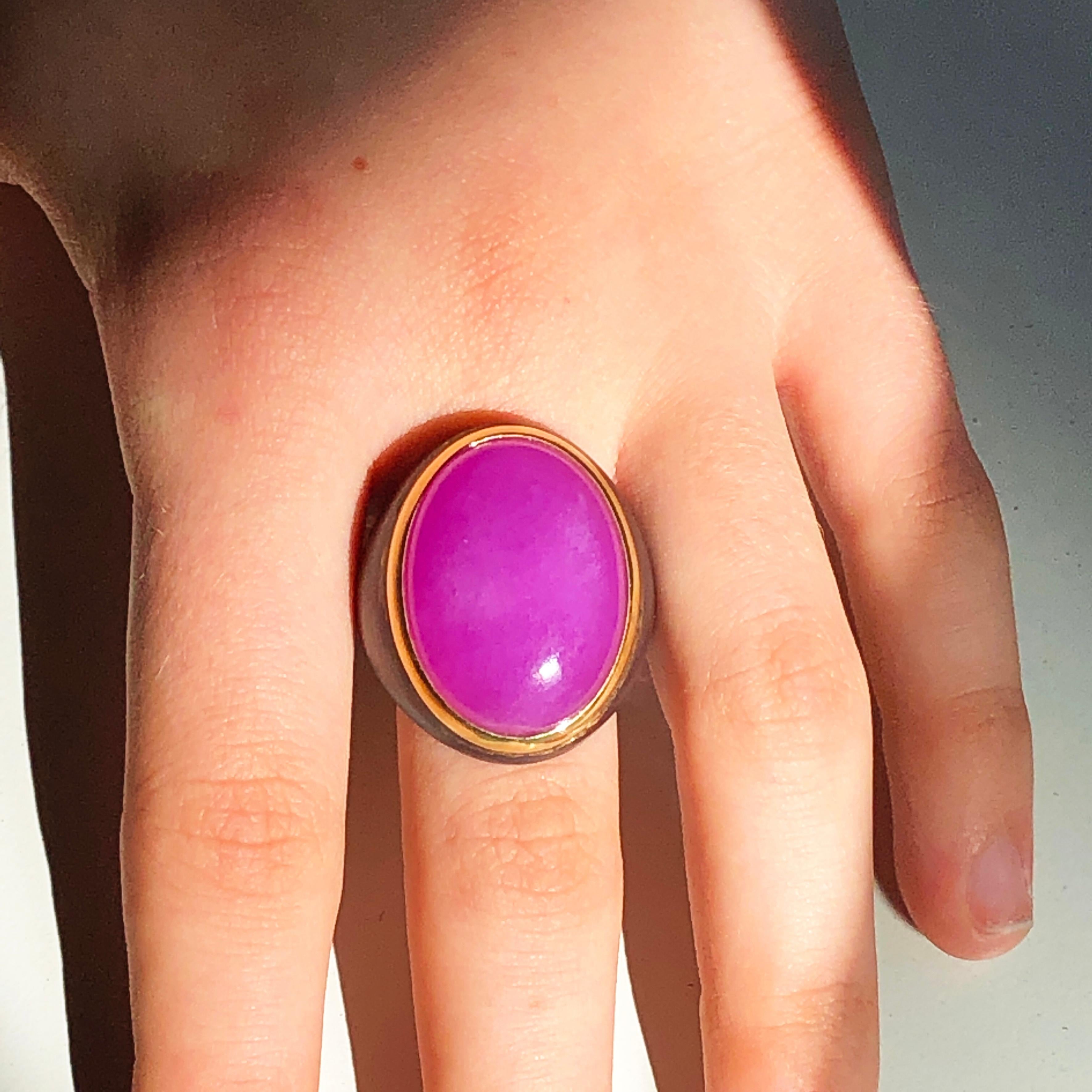 One-of-a-Kind 20 Carat Natural Lavender Jade Oxidized Brass Gold Cocktail Ring 6