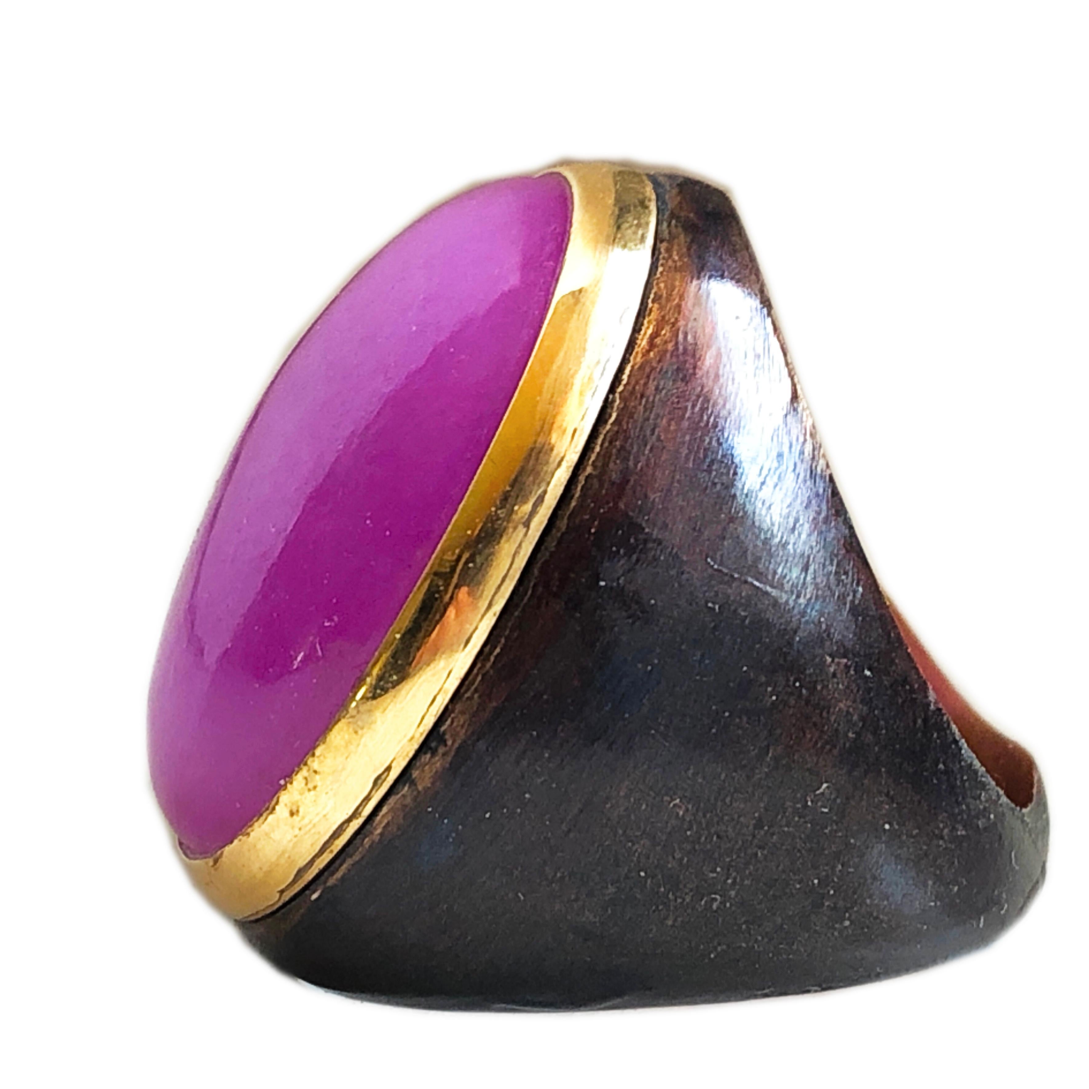 Oval Cut Berca One-of-a-Kind 22Kt Natural Lavender Jade Oxidized Brass Gold Cocktail Ring
