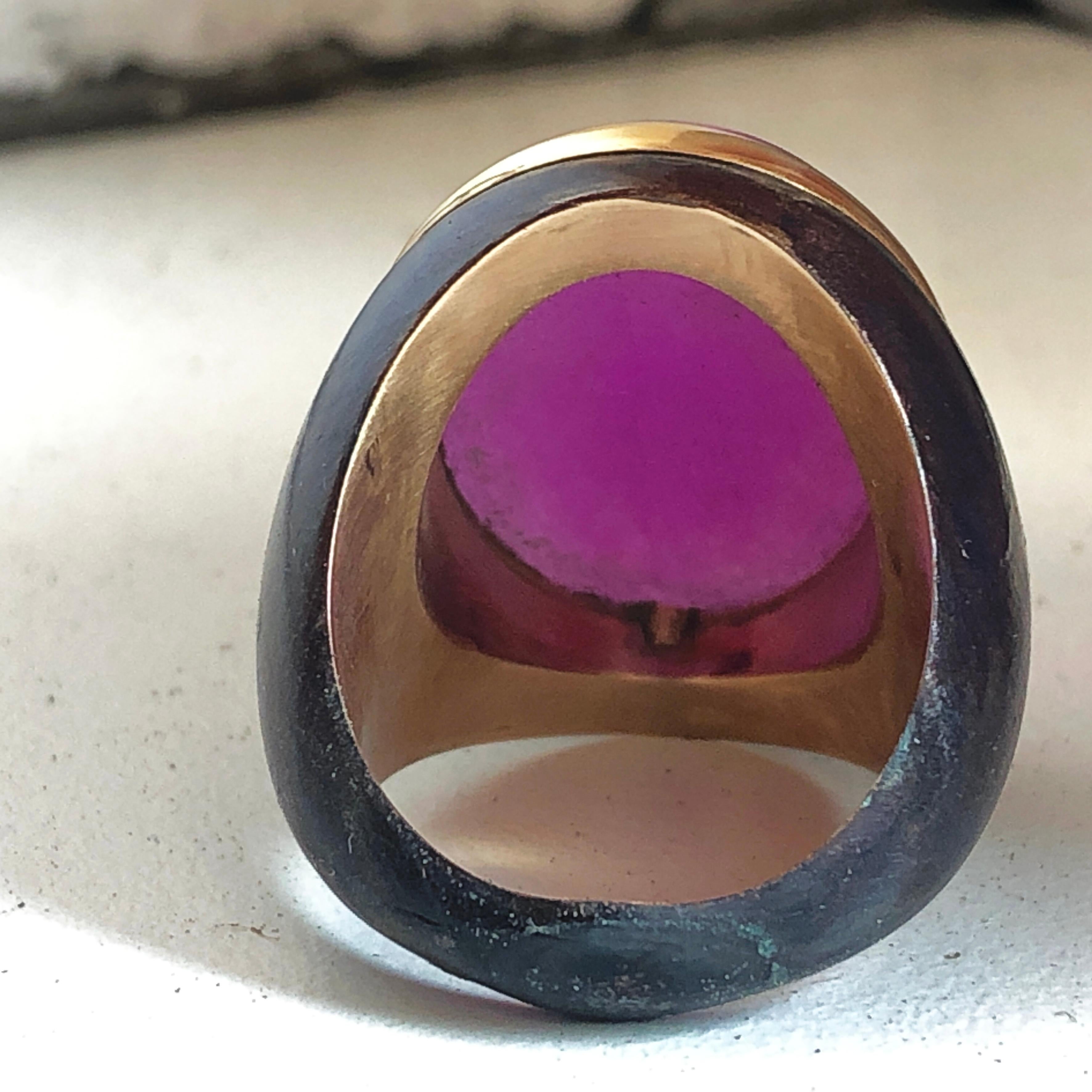 One-of-a-Kind 20 Carat Natural Lavender Jade Oxidized Brass Gold Cocktail Ring 1