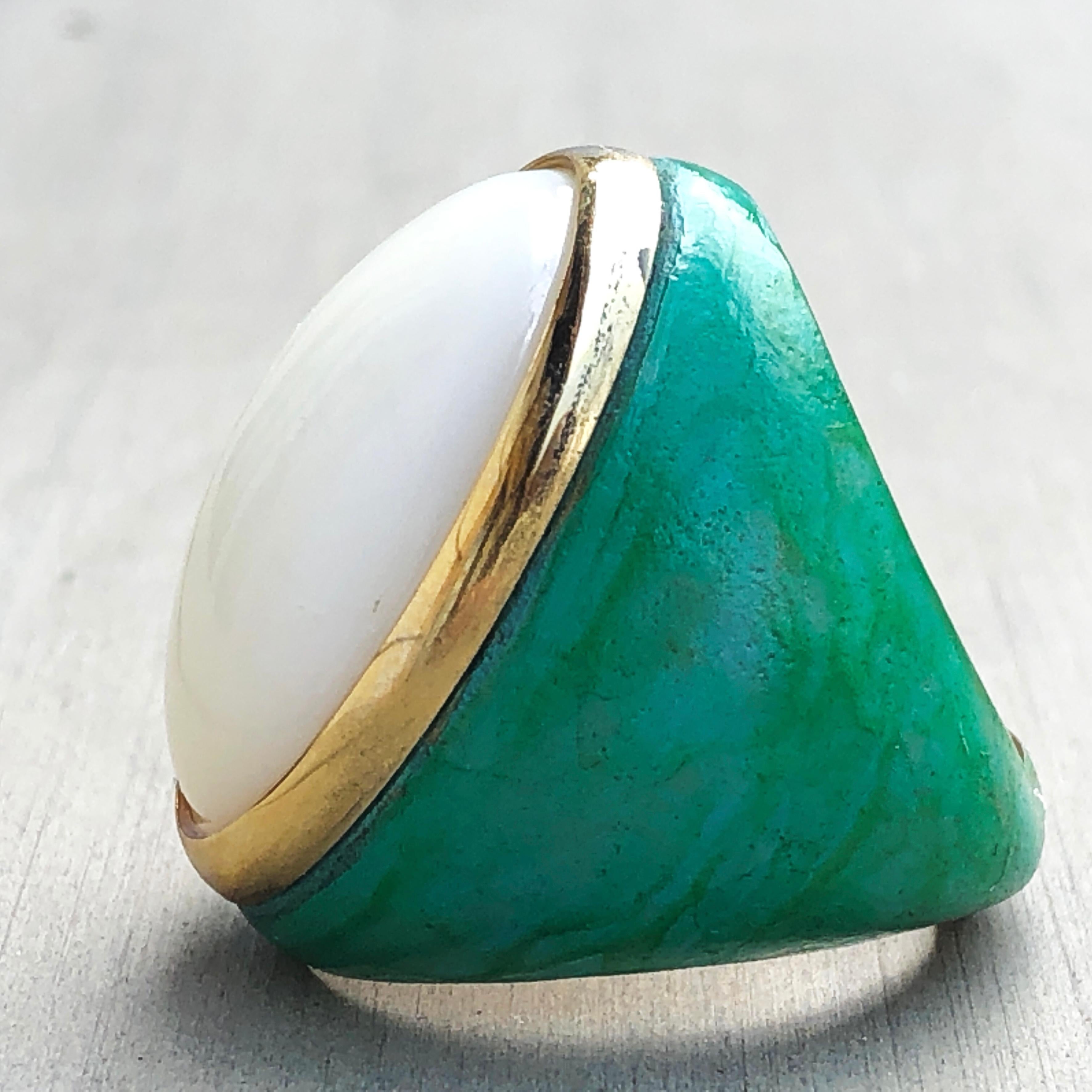 Berca One of a Kind 20 Kt Natural White Opal Oxidized Brass Gold Cocktail Ring For Sale 5