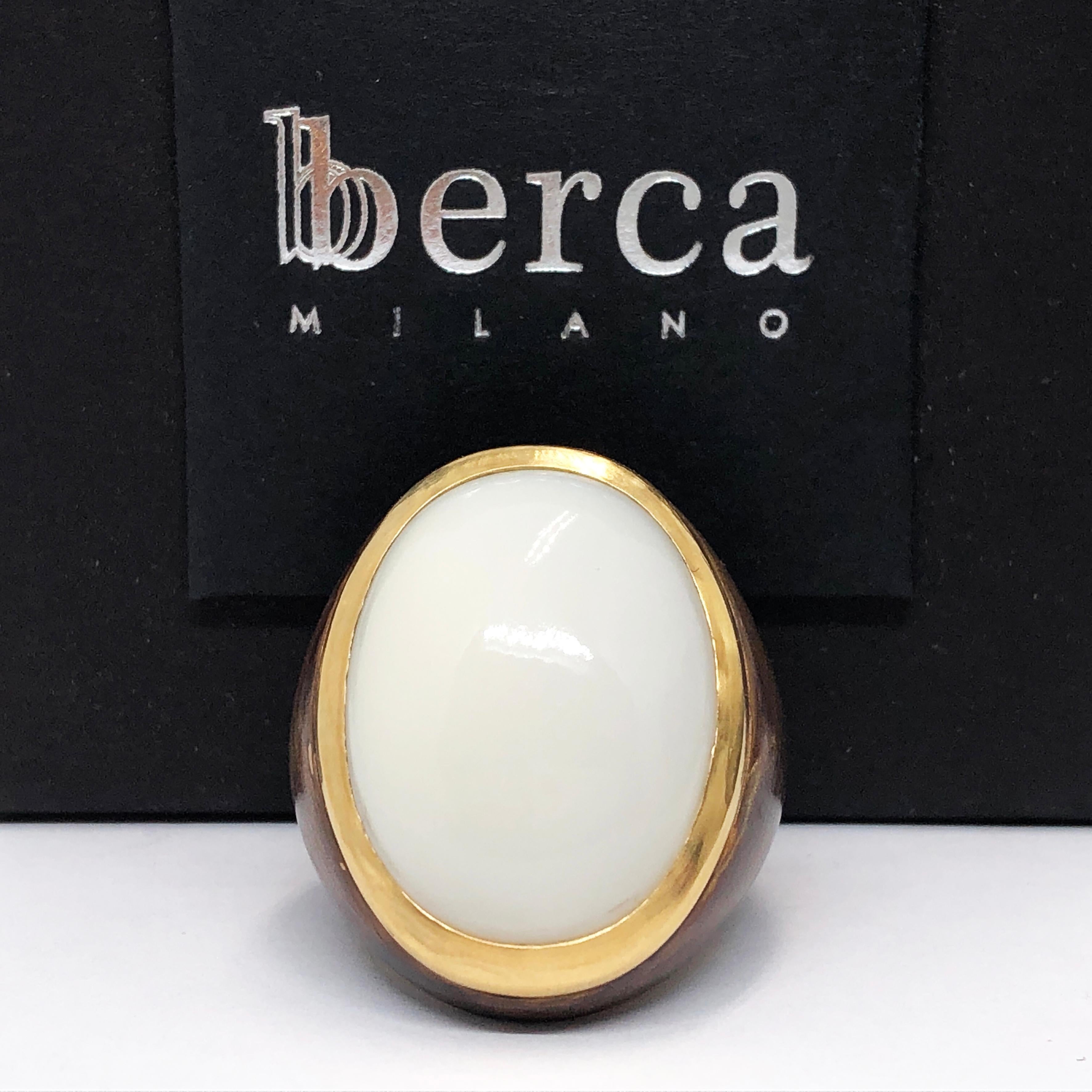 Contemporary Berca One-of-a-Kind 20 Kt Natural White Opal Oxidized Brass Gold Cocktail Ring