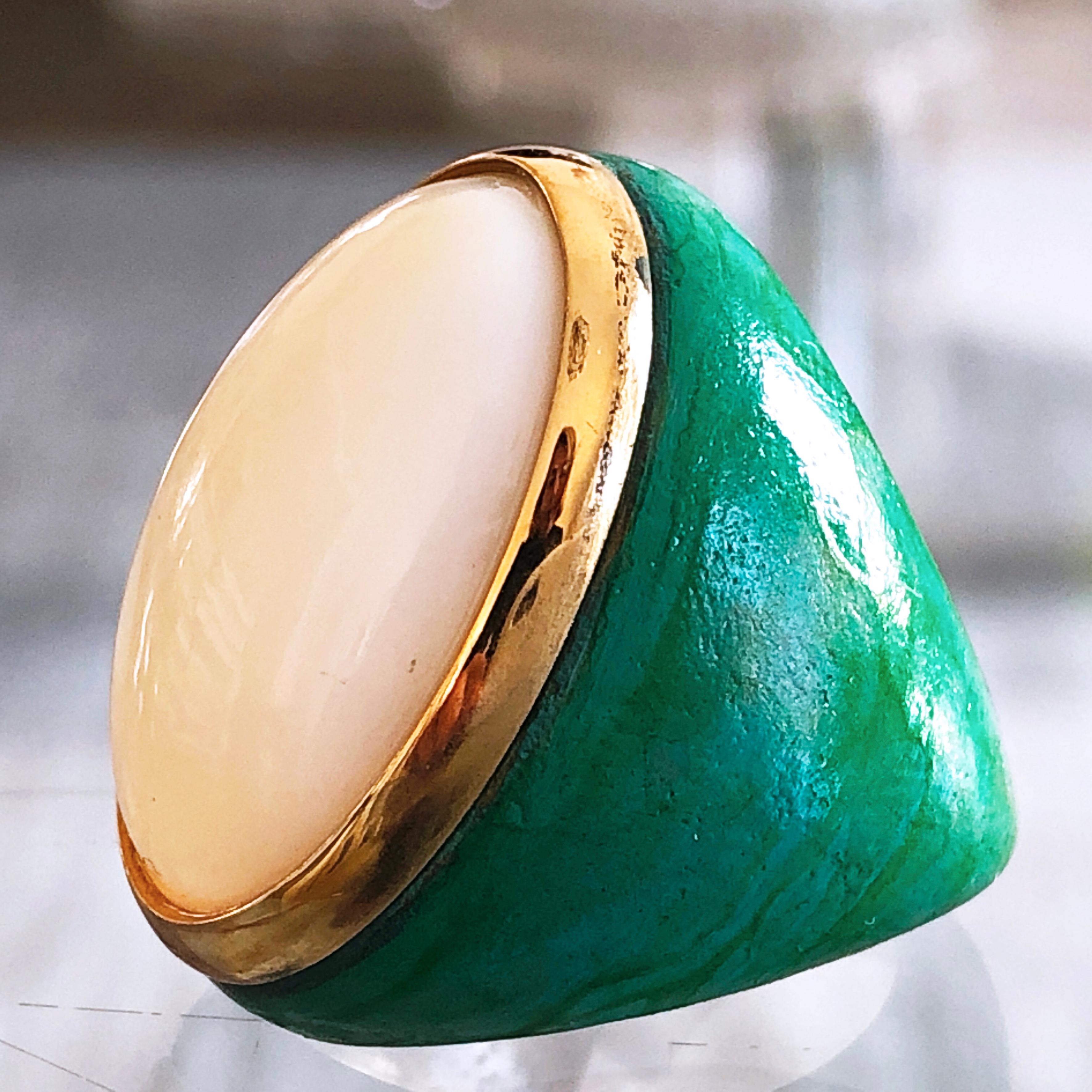 Oval Cut Berca One of a Kind 20 Kt Natural White Opal Oxidized Brass Gold Cocktail Ring For Sale