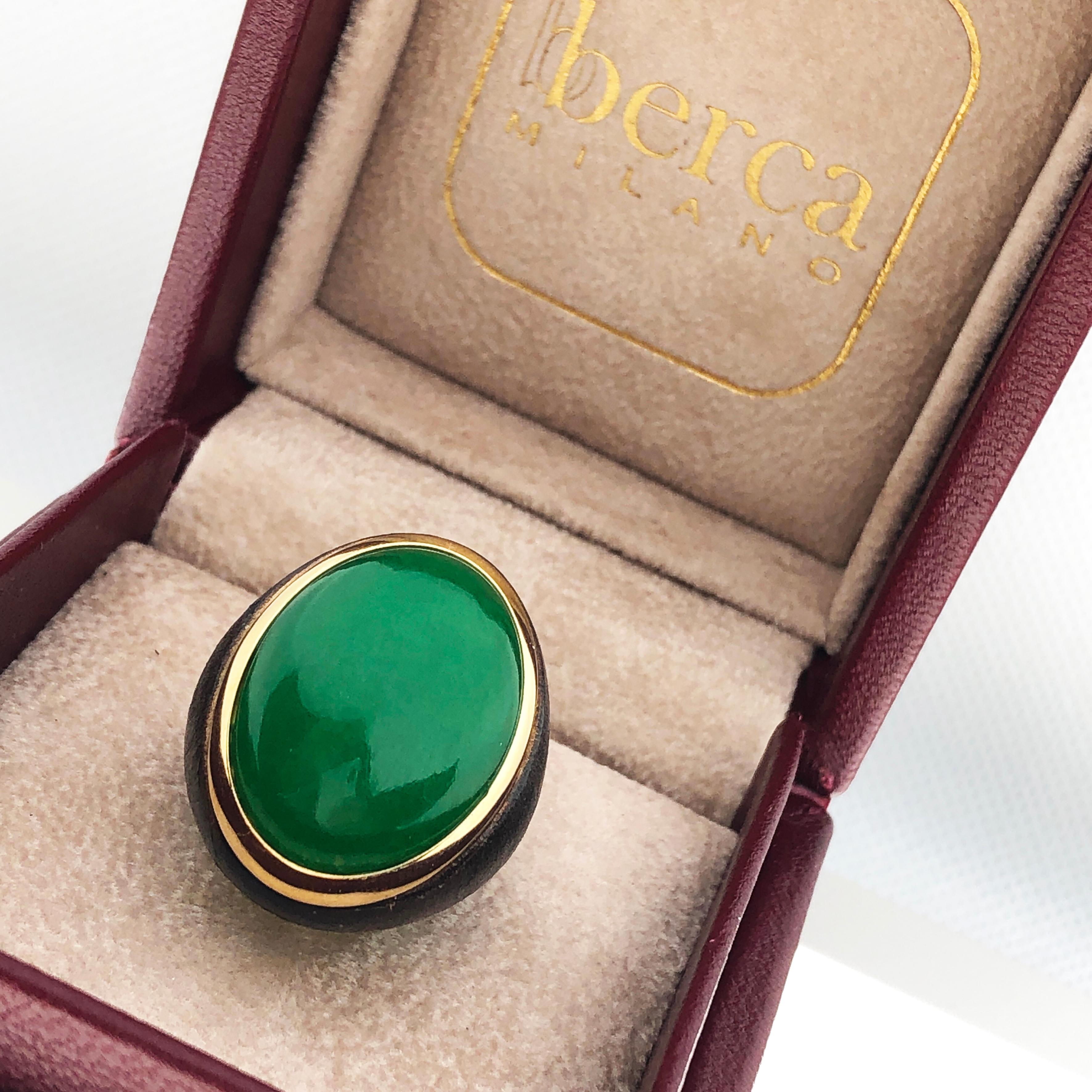 Berca One-of-a-Kind 22Kt Natural Green Jade Oxidized Brass Gold Cocktail Ring 6