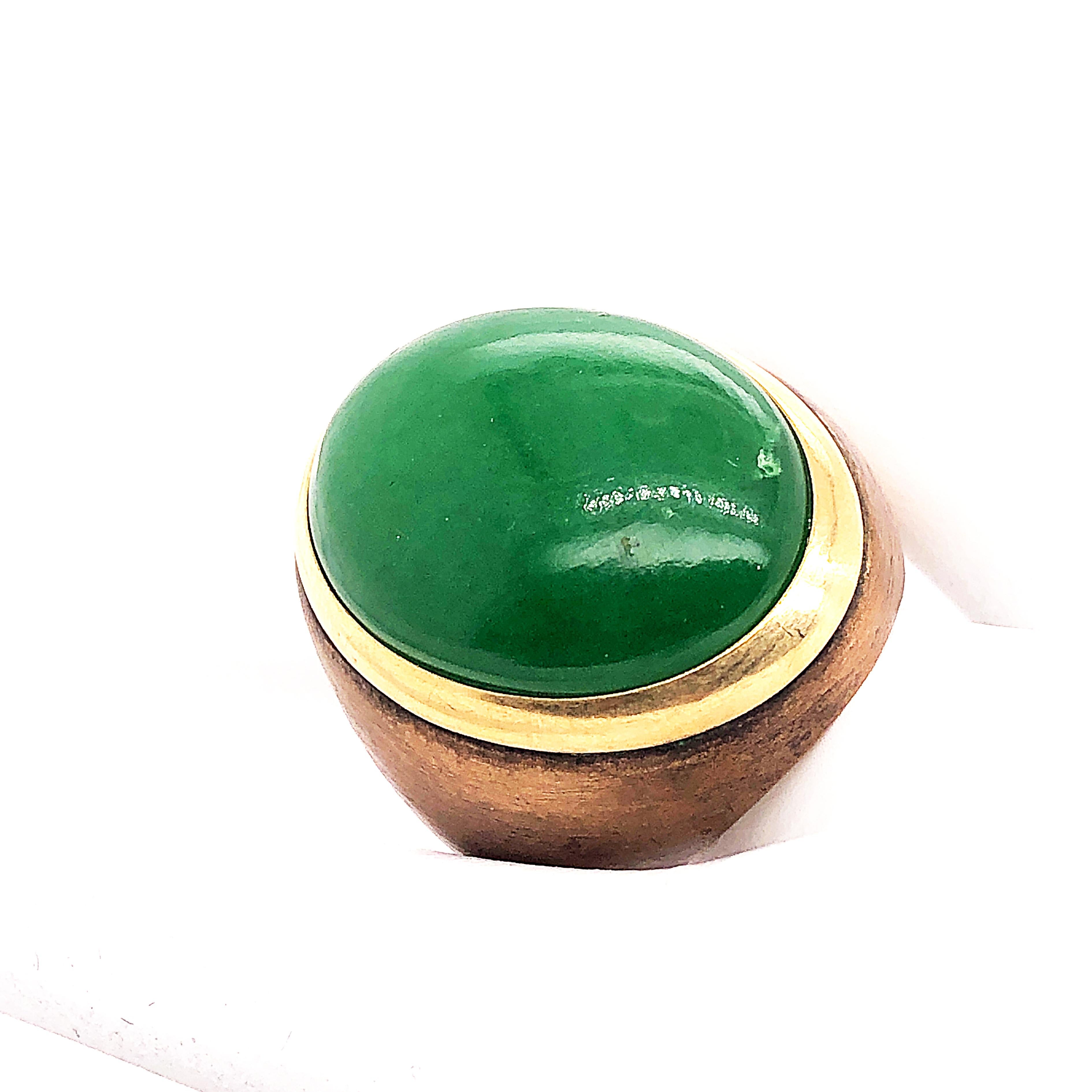 Berca One-of-a-Kind 22Kt Natural Green Jade Oxidized Brass Gold Cocktail Ring 7