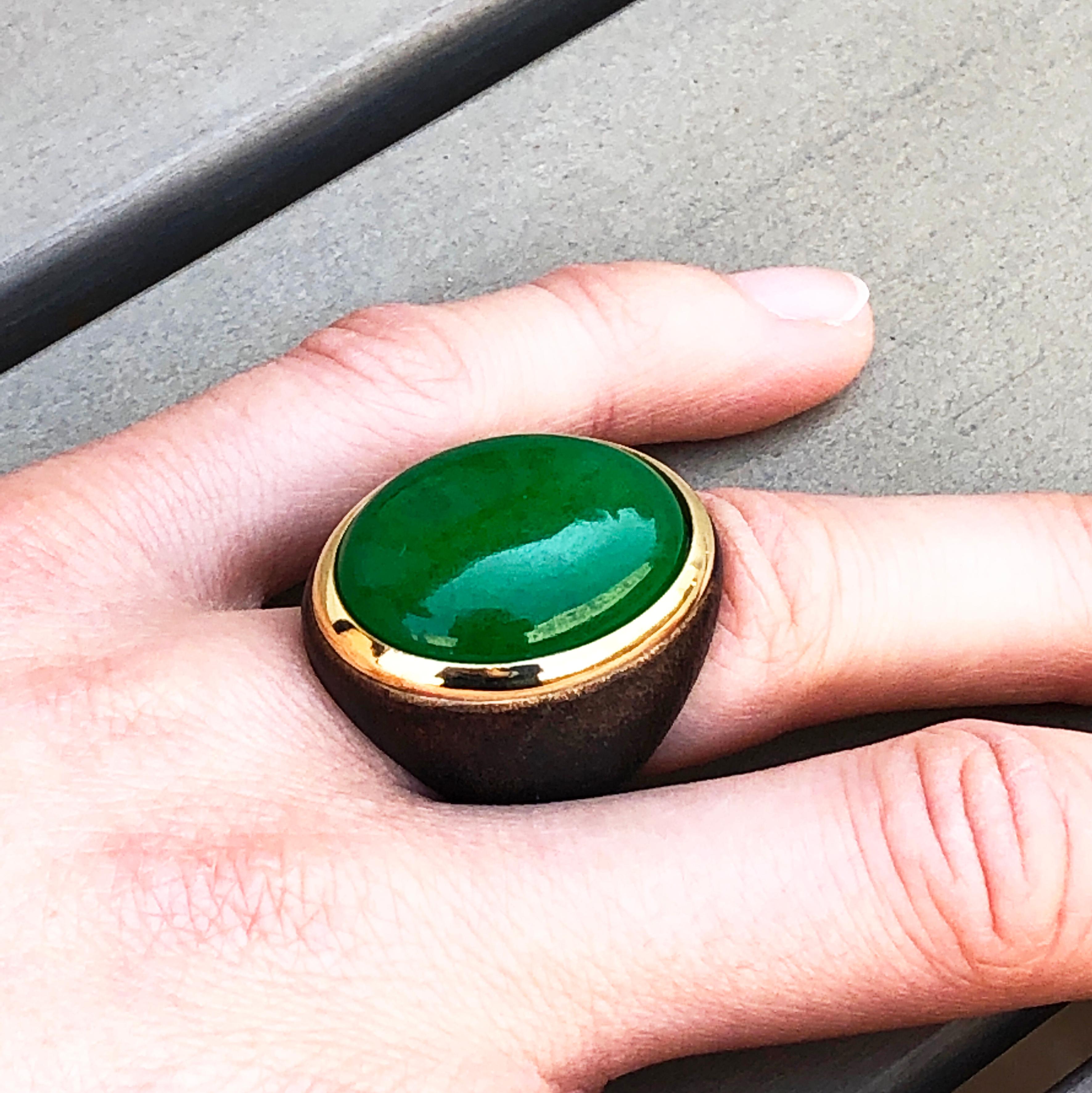 Berca One-of-a-Kind 22Kt Natural Green Jade Oxidized Brass Gold Cocktail Ring 11