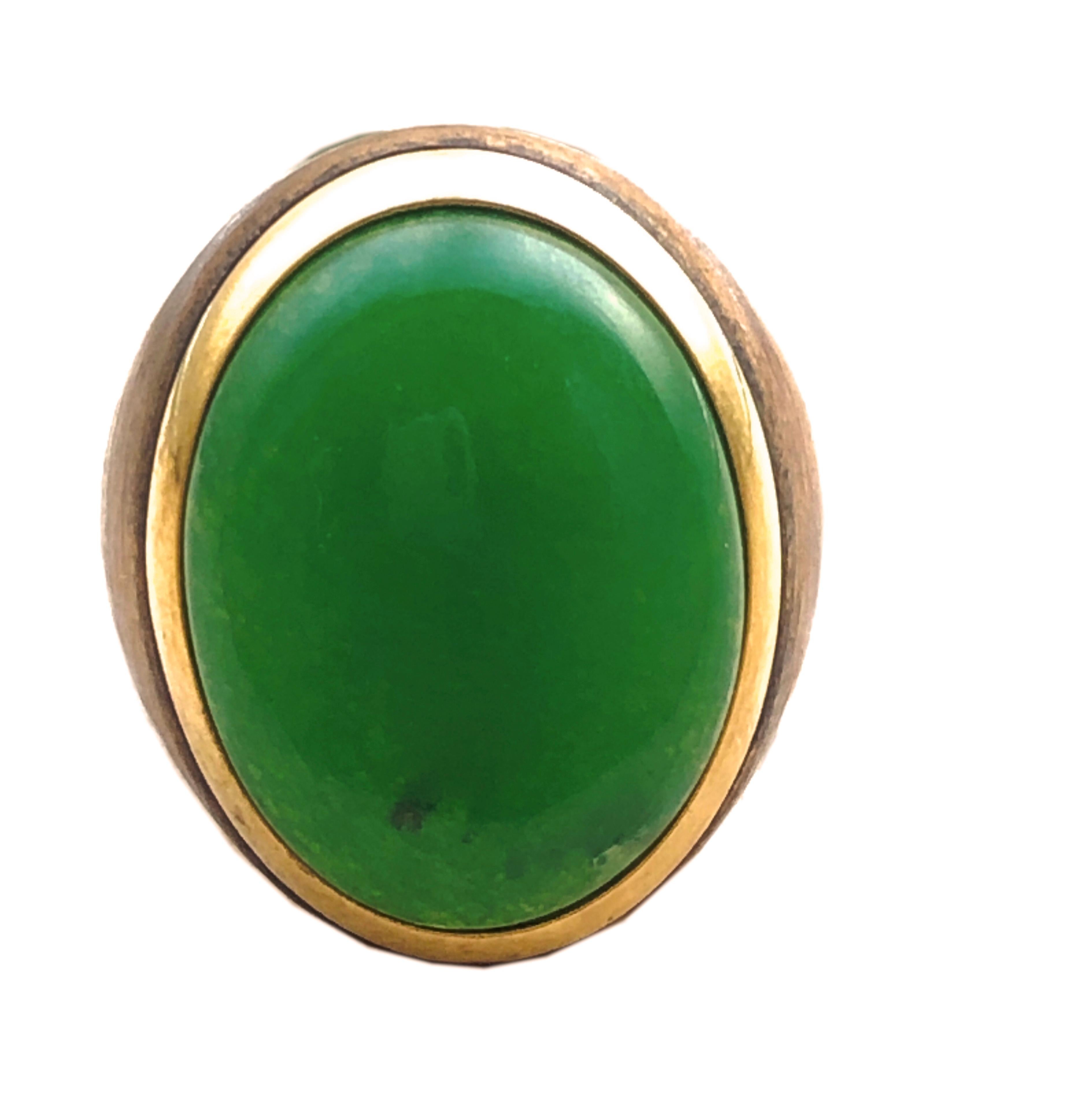 Contemporary Berca One-of-a-Kind 22Kt Natural Green Jade Oxidized Brass Gold Cocktail Ring