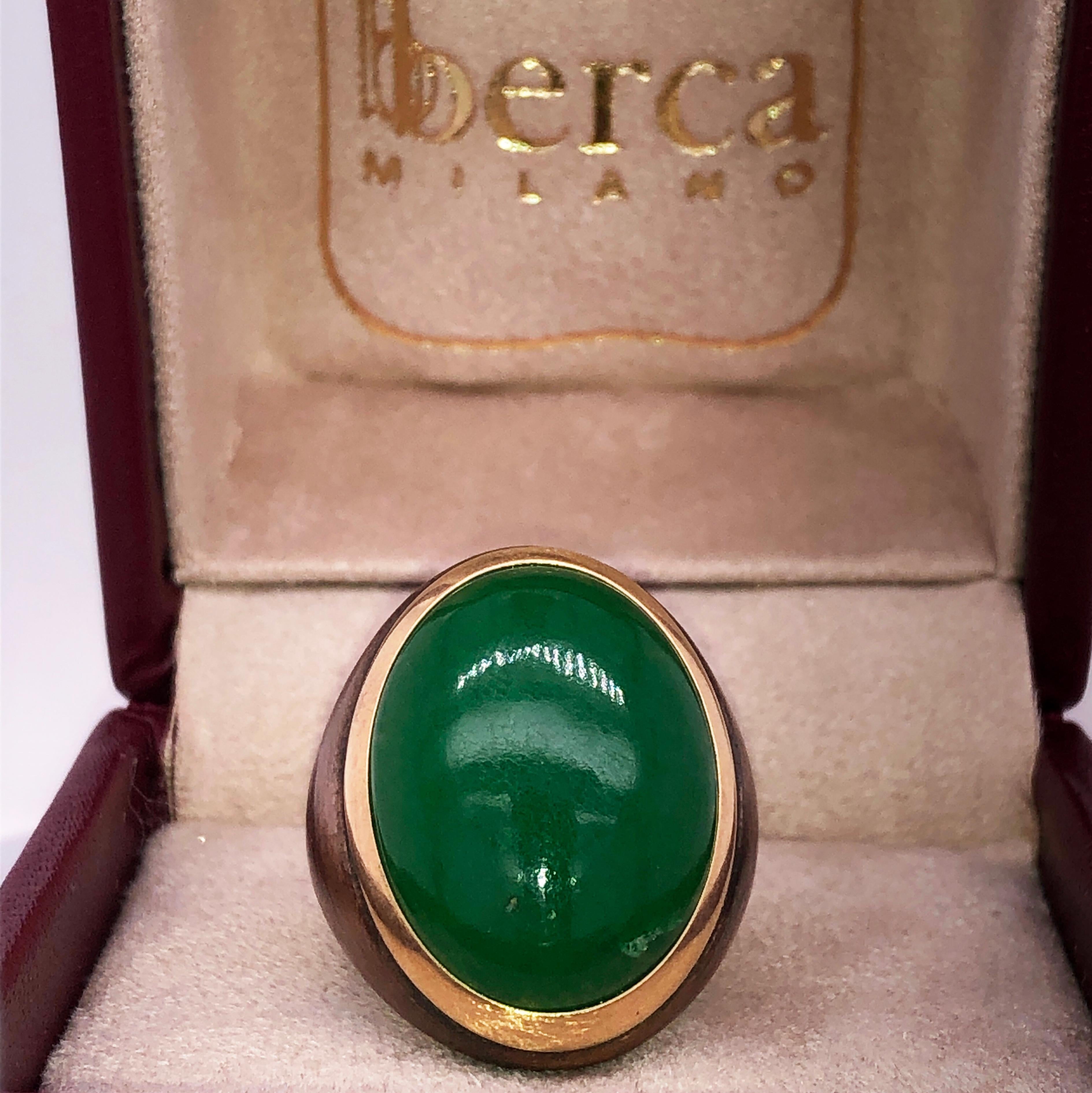 Berca One-of-a-Kind 22Kt Natural Green Jade Oxidized Brass Gold Cocktail Ring In New Condition In Valenza, IT