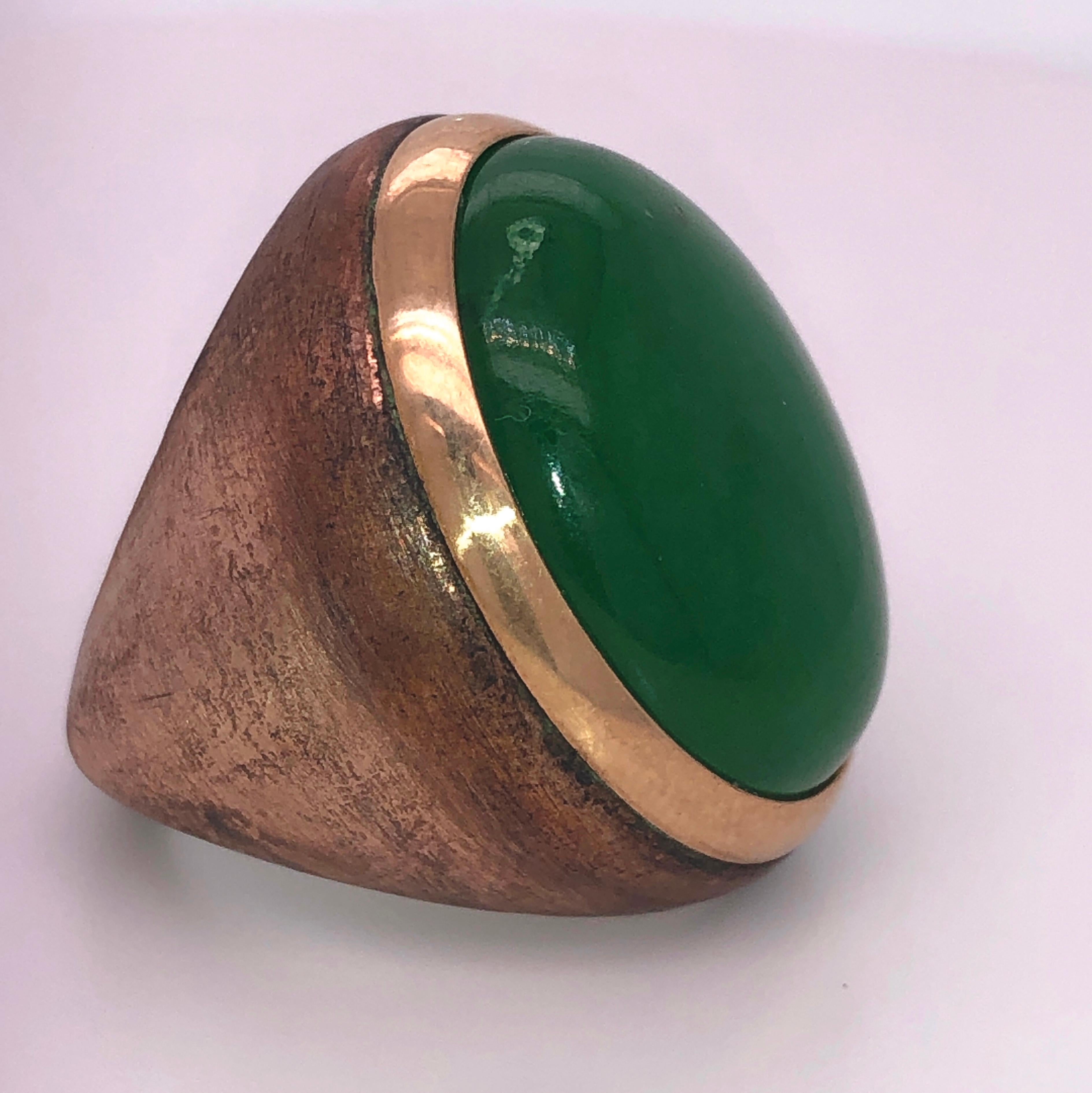 Berca One-of-a-Kind 22Kt Natural Green Jade Oxidized Brass Gold Cocktail Ring 1