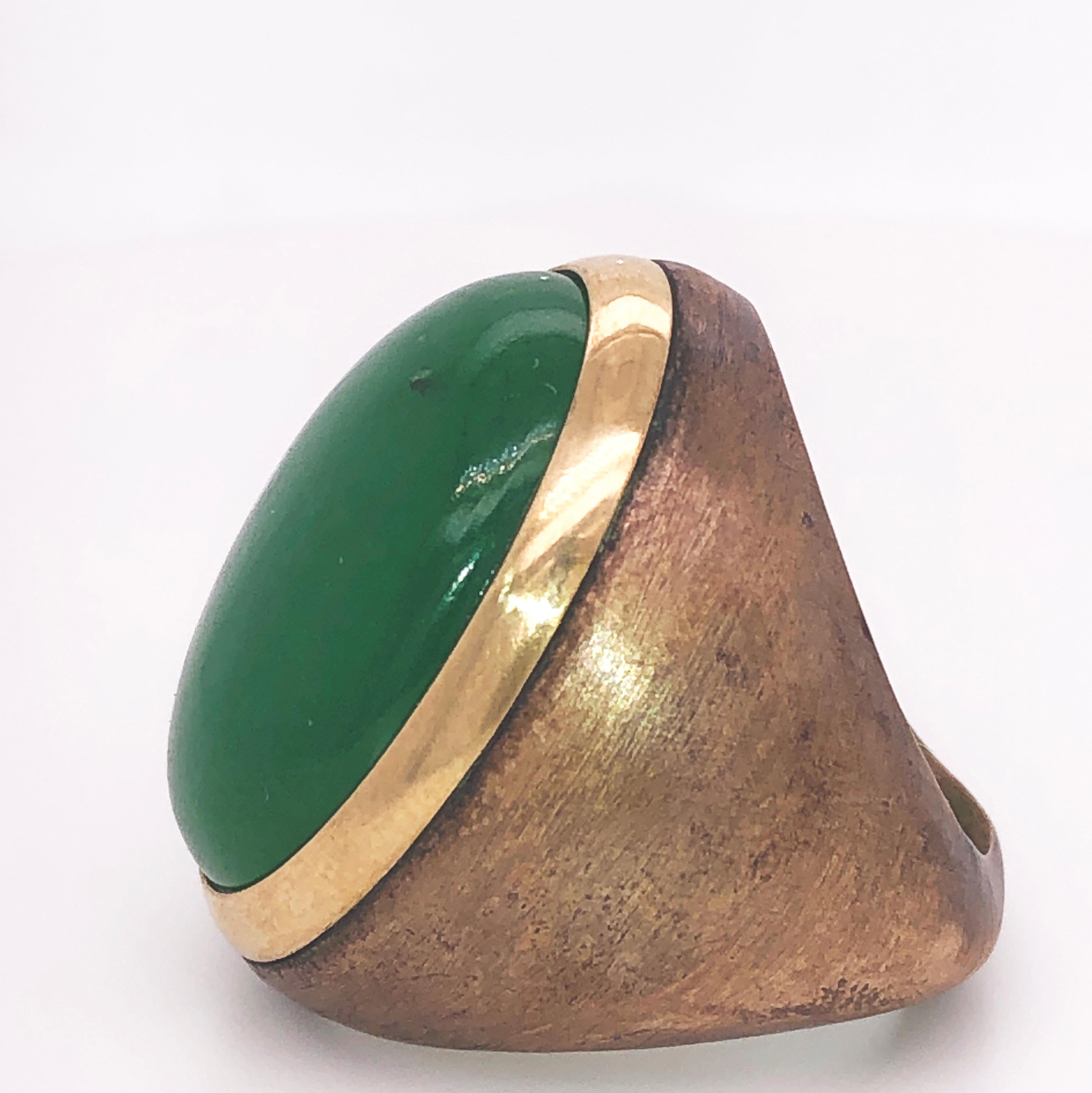 Berca One-of-a-Kind 22Kt Natural Green Jade Oxidized Brass Gold Cocktail Ring 3