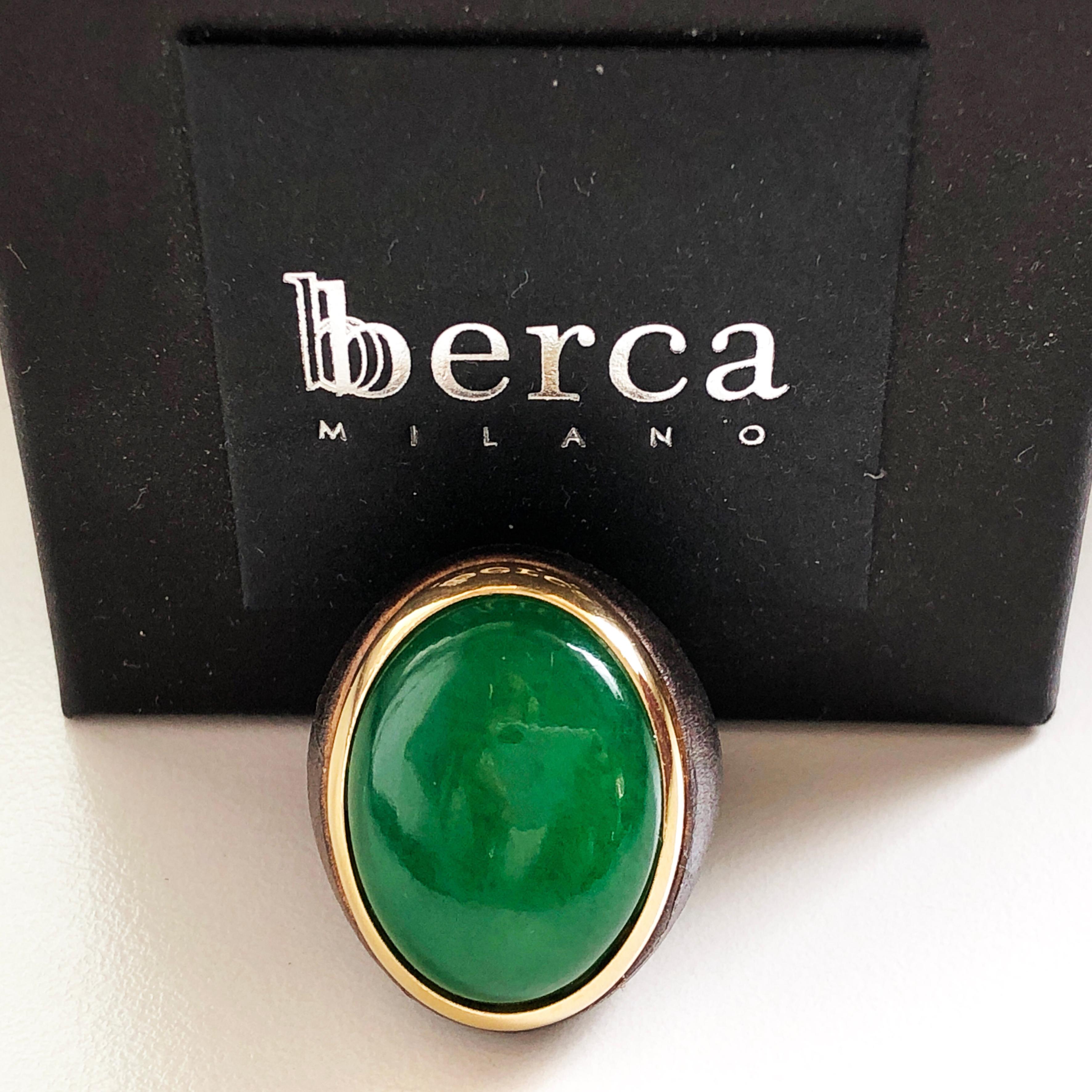 Berca One-of-a-Kind 22Kt Natural Green Jade Oxidized Brass Gold Cocktail Ring 4