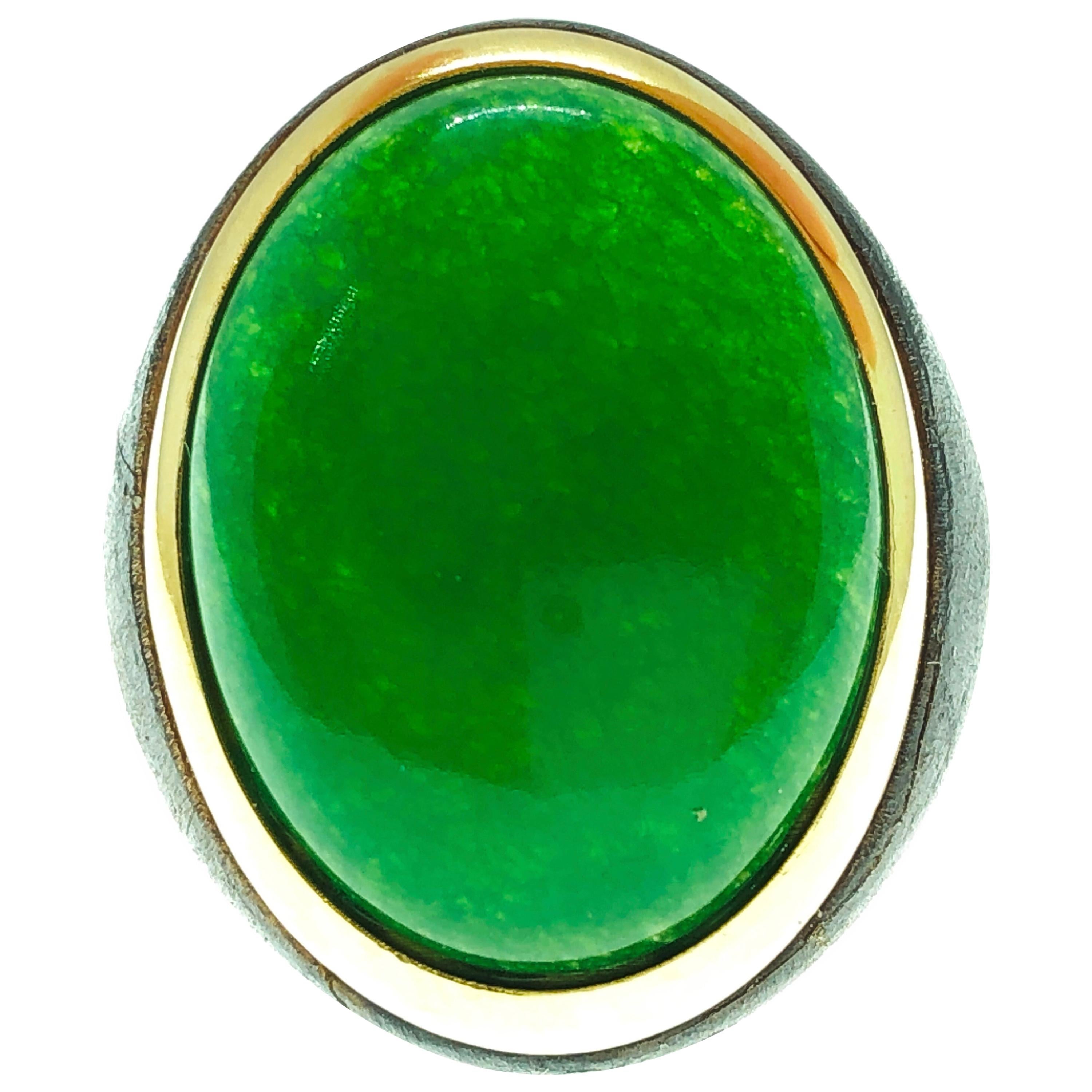 Berca One-of-a-Kind 22Kt Natural Green Jade Oxidized Brass Gold Cocktail Ring