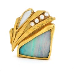 One-of-a-Kind 22K Gold Opal Diamond Sculptural Studio Brooch