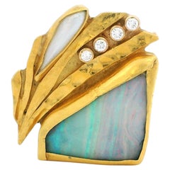One-of-a-Kind 22K Gold Opal Diamond Sculptural Studio Brooch