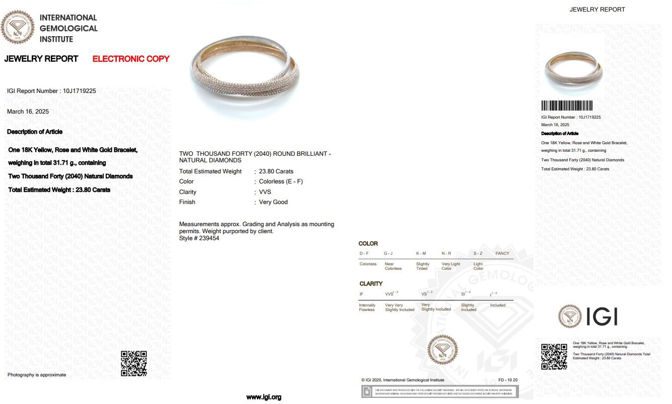 Women's One of a Kind 23.80ct Diamonds Bracelet in 18k Yellow, Rose, and White Gold For Sale