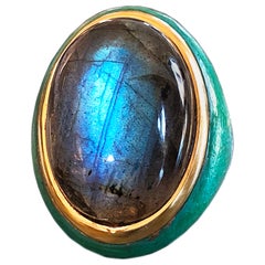 One-of-a-Kind 26.5 Karat Labradorite Oxidized Brass Gold Turquoise Cocktail Ring