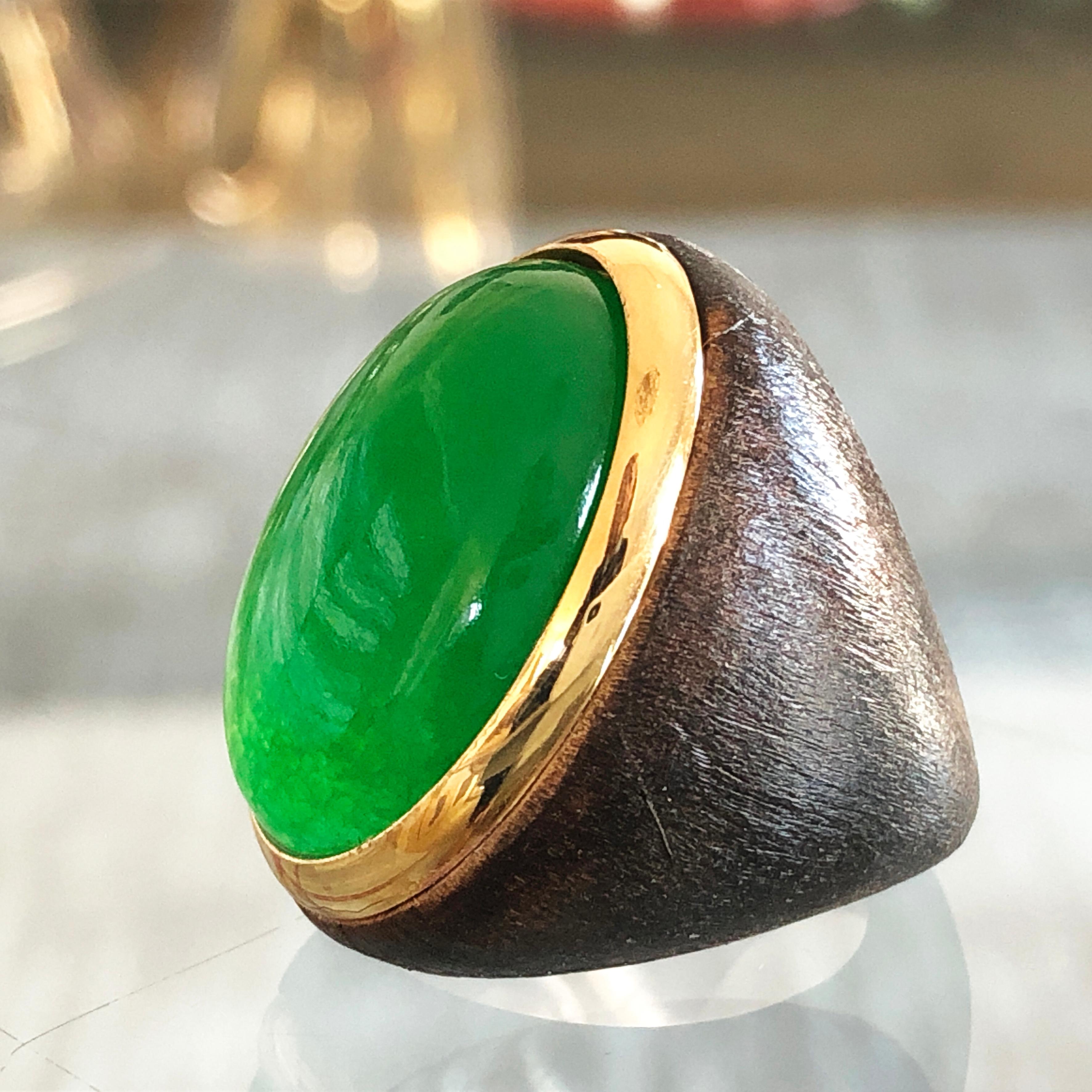 One-of-a-Kind 27 Carat Natural Green Jade Oxidized Brass Gold Cocktail Ring 10