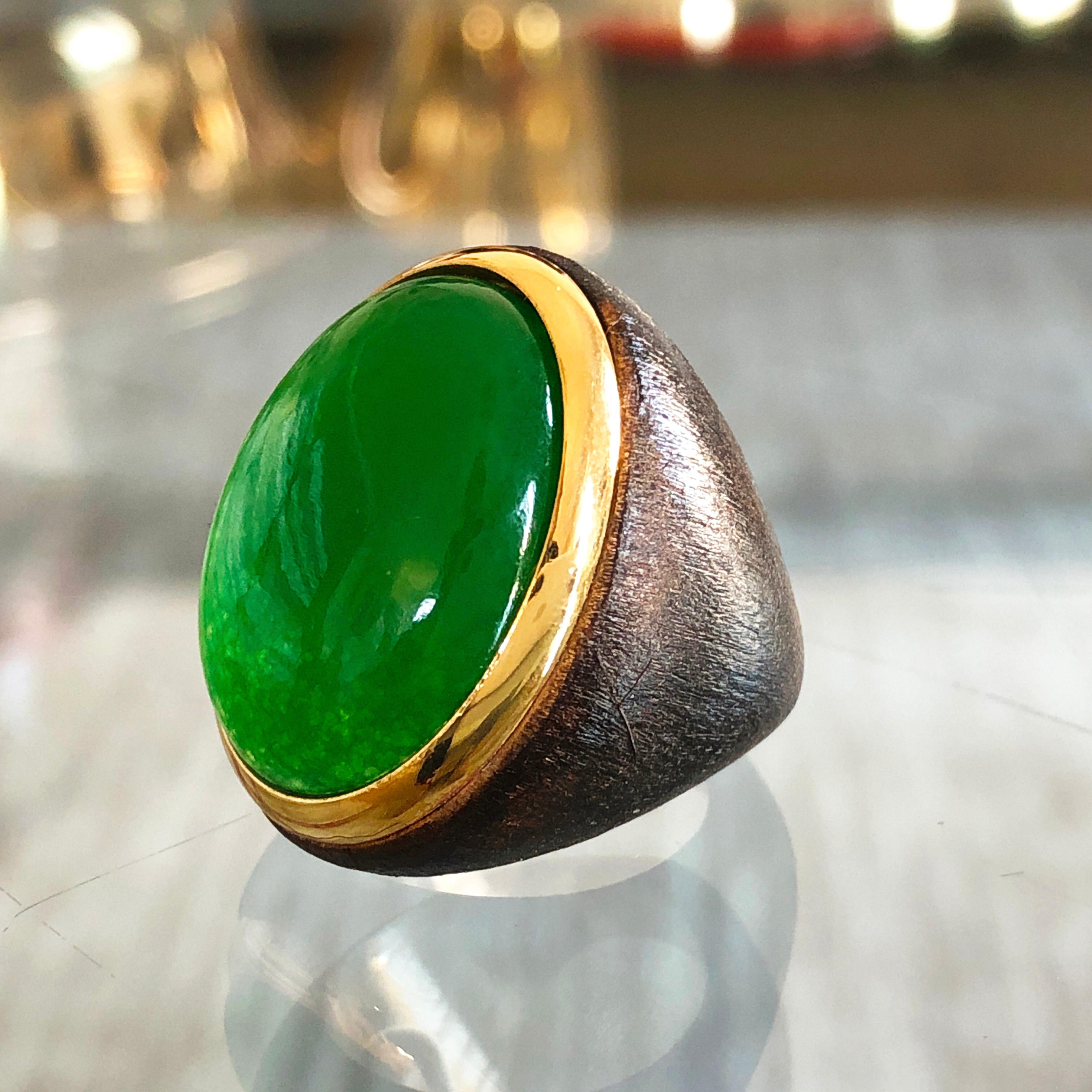 One-of-a-Kind 27 Carat Natural Green Jade Oxidized Brass Gold Cocktail Ring 11
