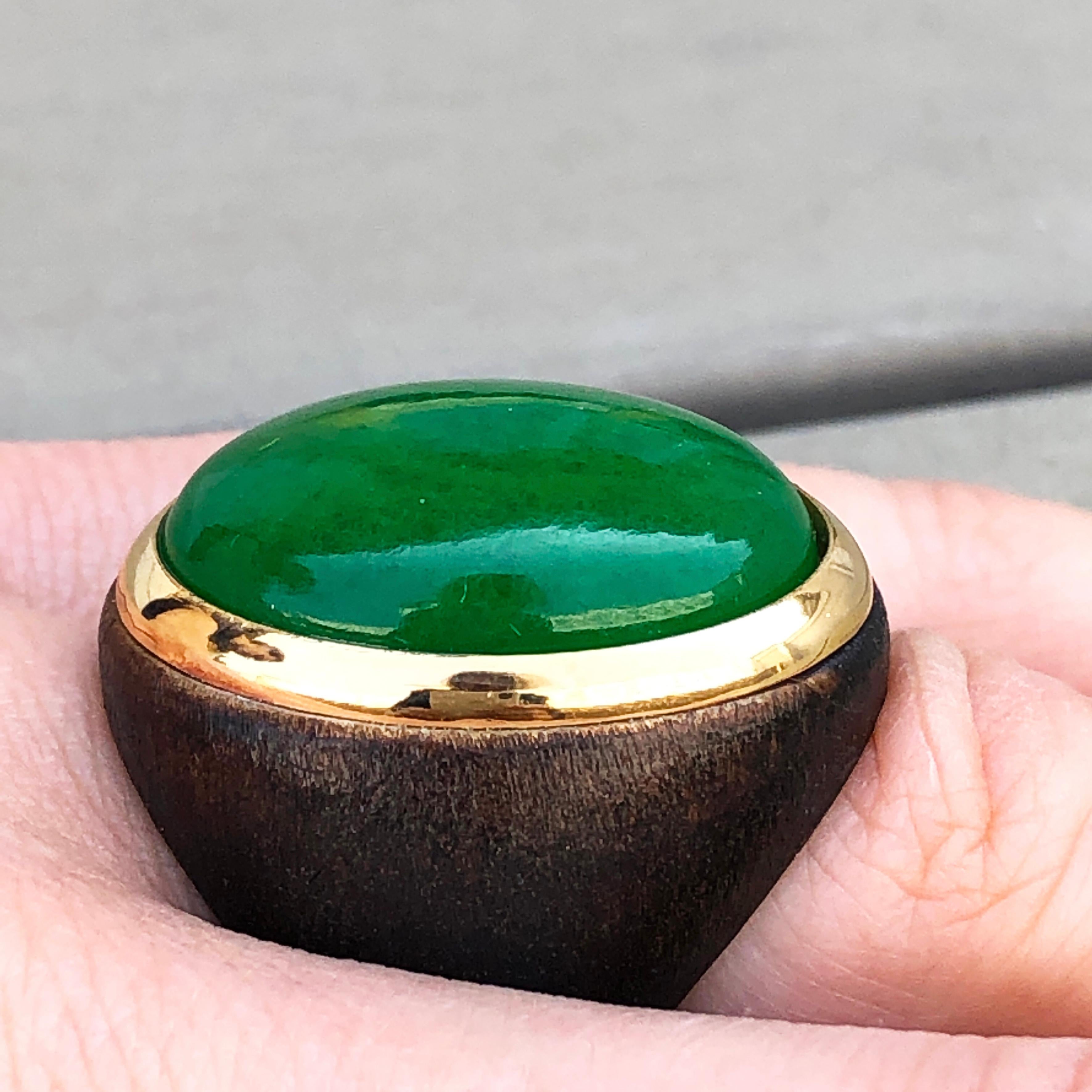 One-of-a-Kind 27 Carat Natural Green Jade Oxidized Brass Gold Cocktail Ring 13