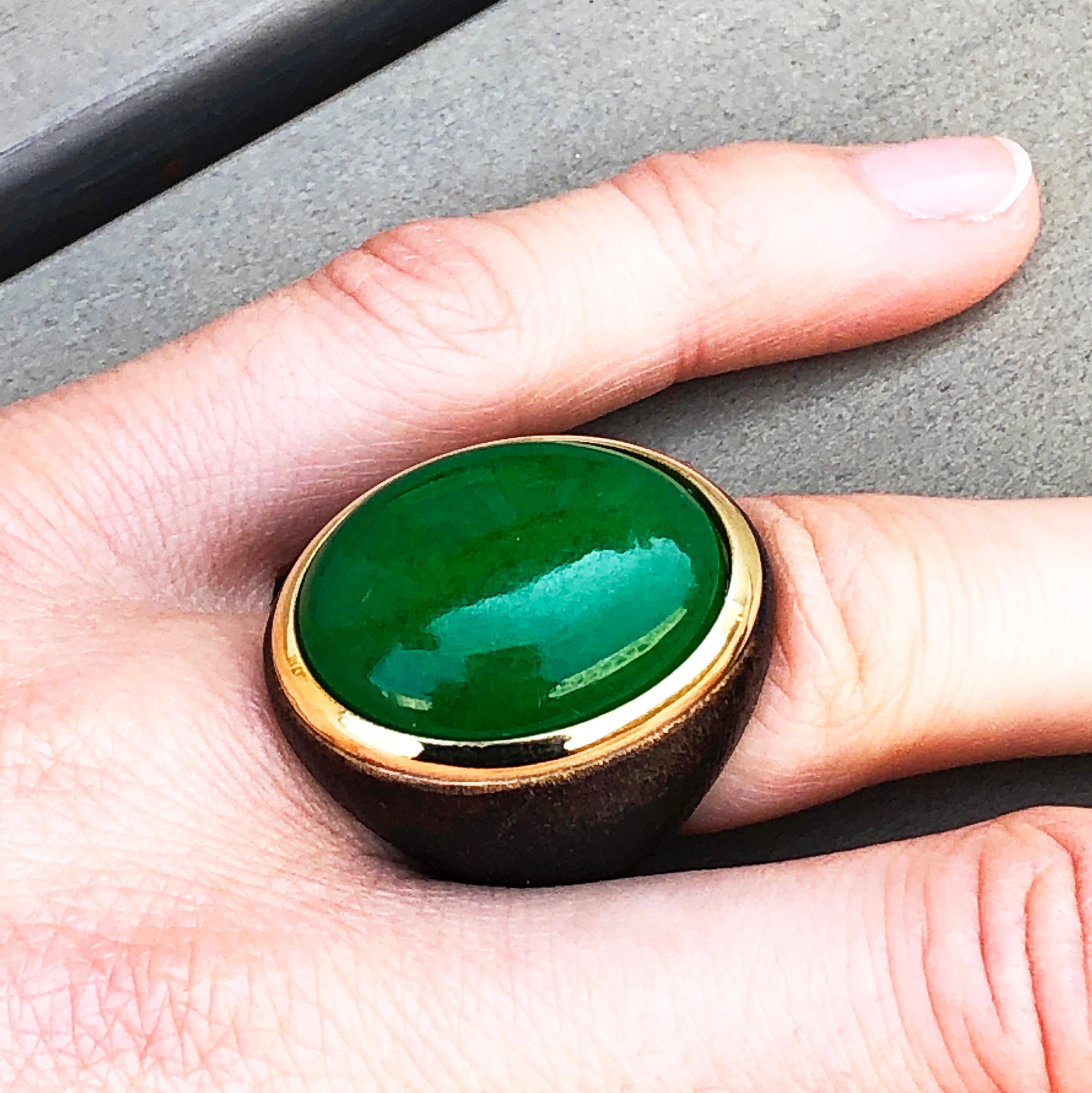 One-of-a-Kind 27 Carat Natural Green Jade Oxidized Brass Gold Cocktail Ring 14