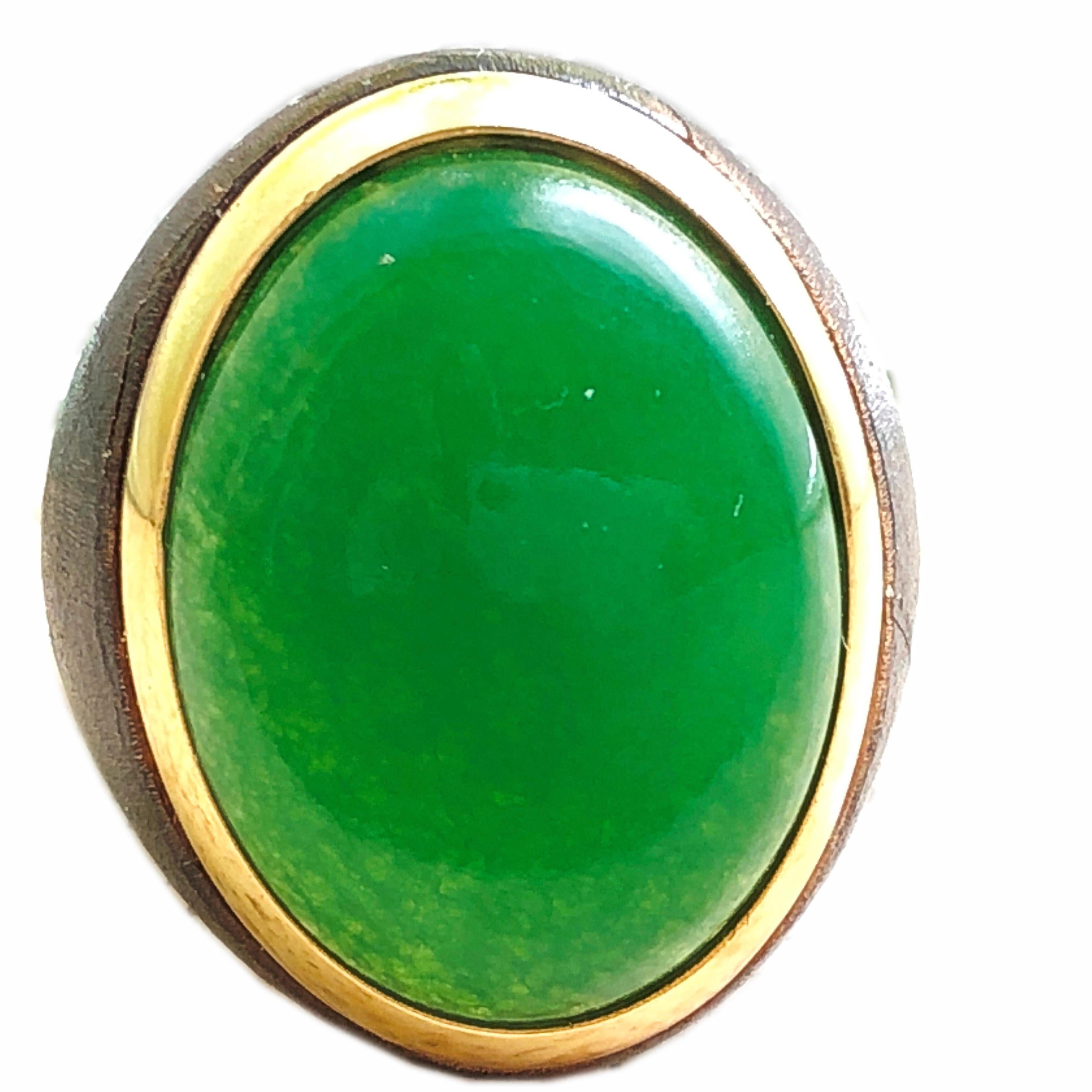 One-of-a-Kind 27 Carat Natural Green Jade Oxidized Brass Gold Cocktail Ring 2