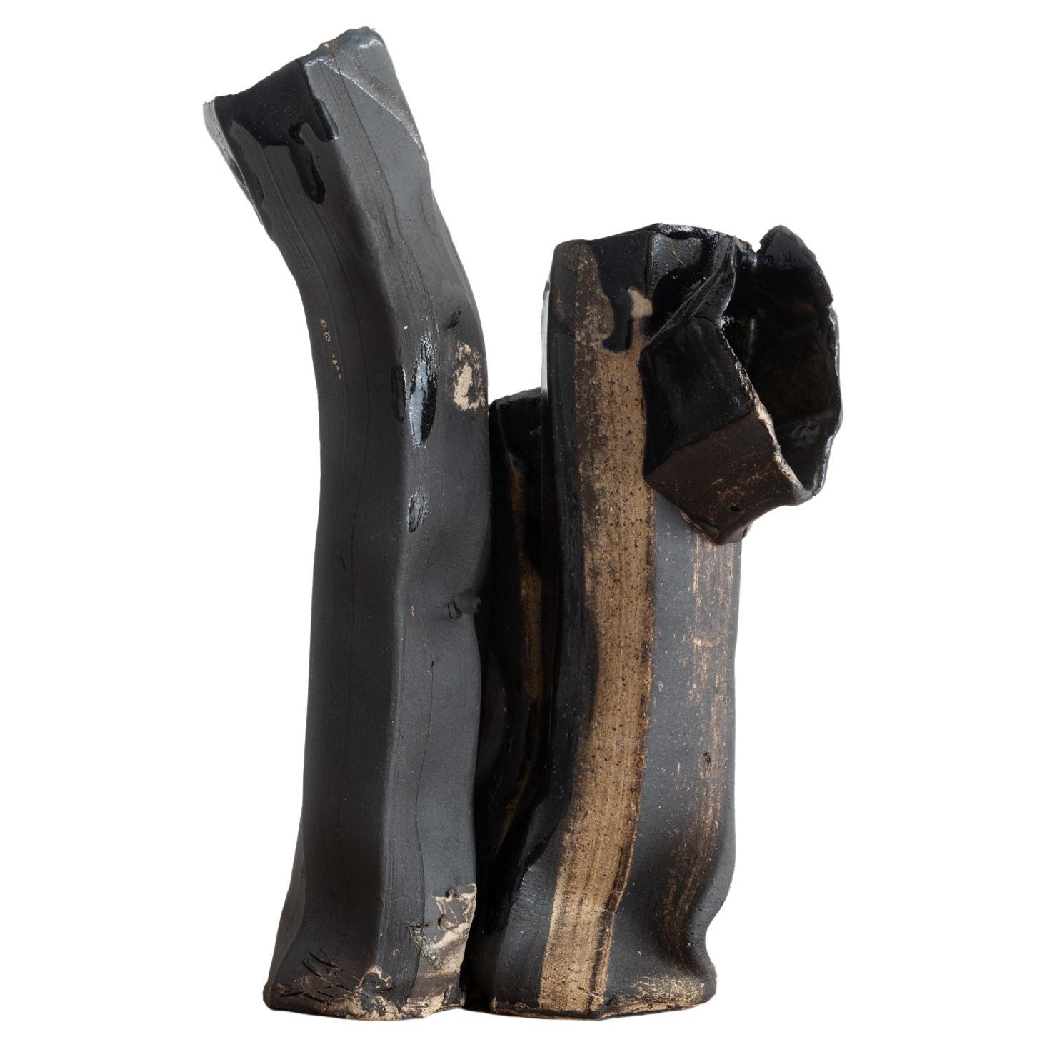 One-of-a-Kind Contemporary Sculptural Vase in Black & Tan Speckled Ceramic