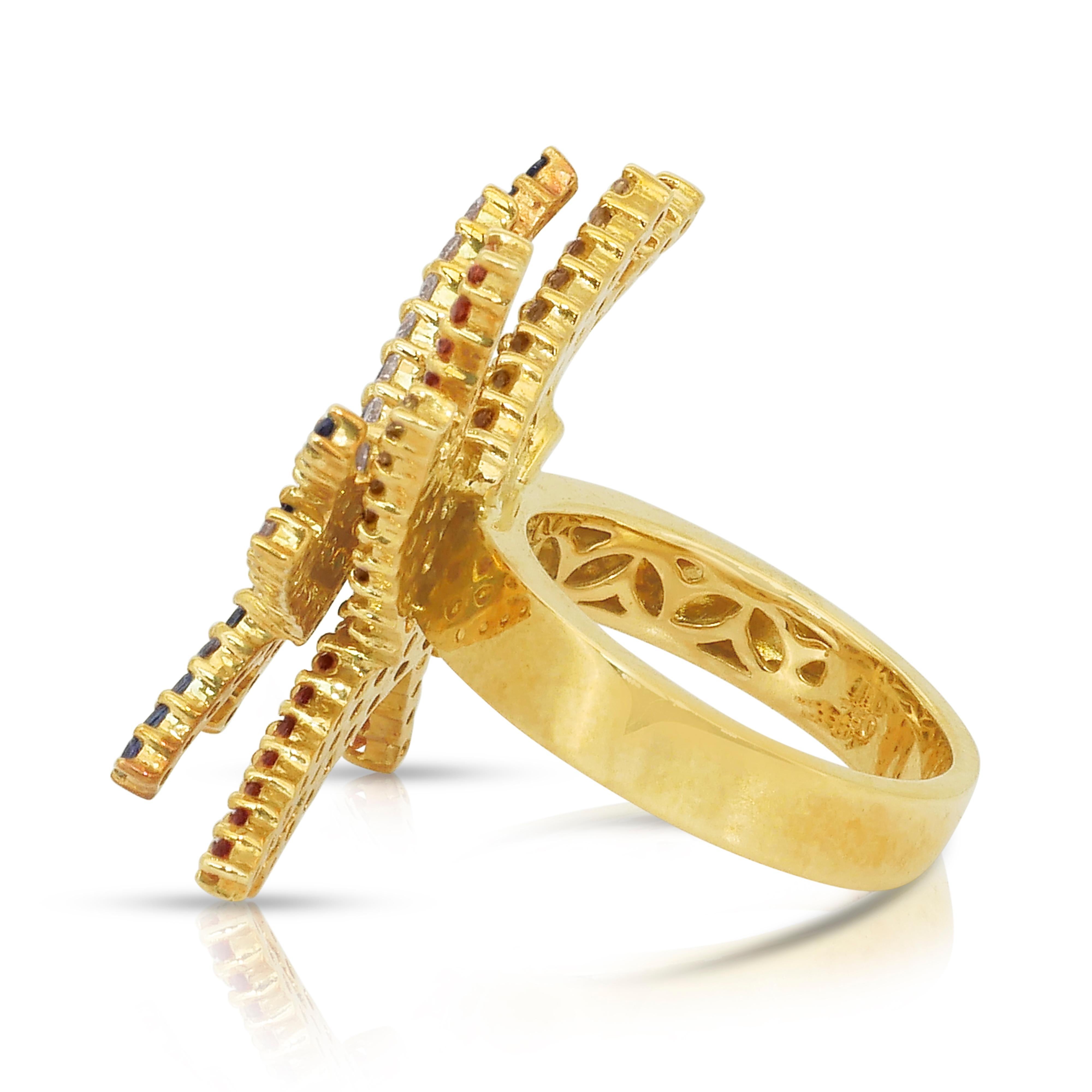Taille ronde Bague unique en or jaune 18k de 3,15ct de saphirs et diamants en vente