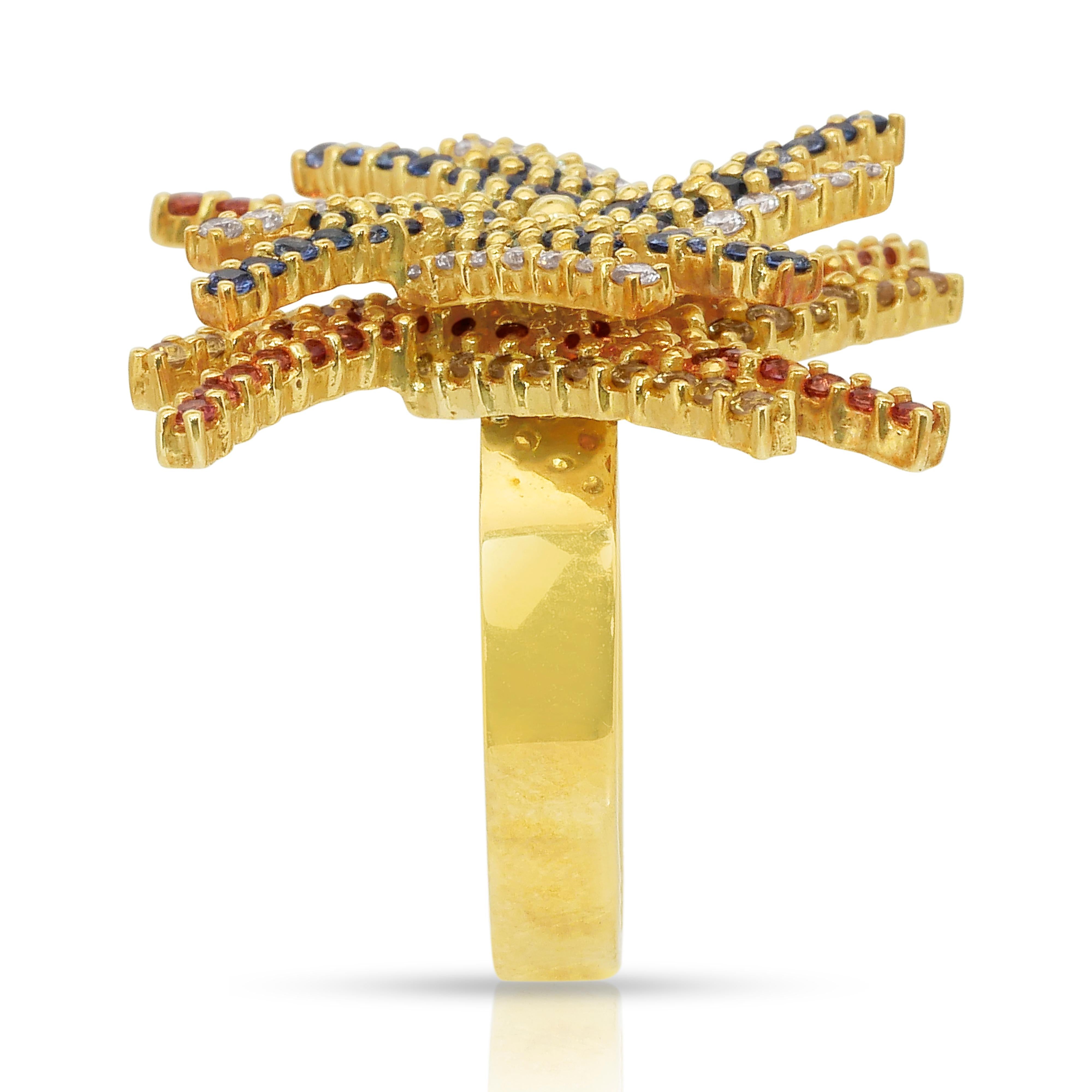 Bague unique en or jaune 18k de 3,15ct de saphirs et diamants Neuf - En vente à רמת גן, IL