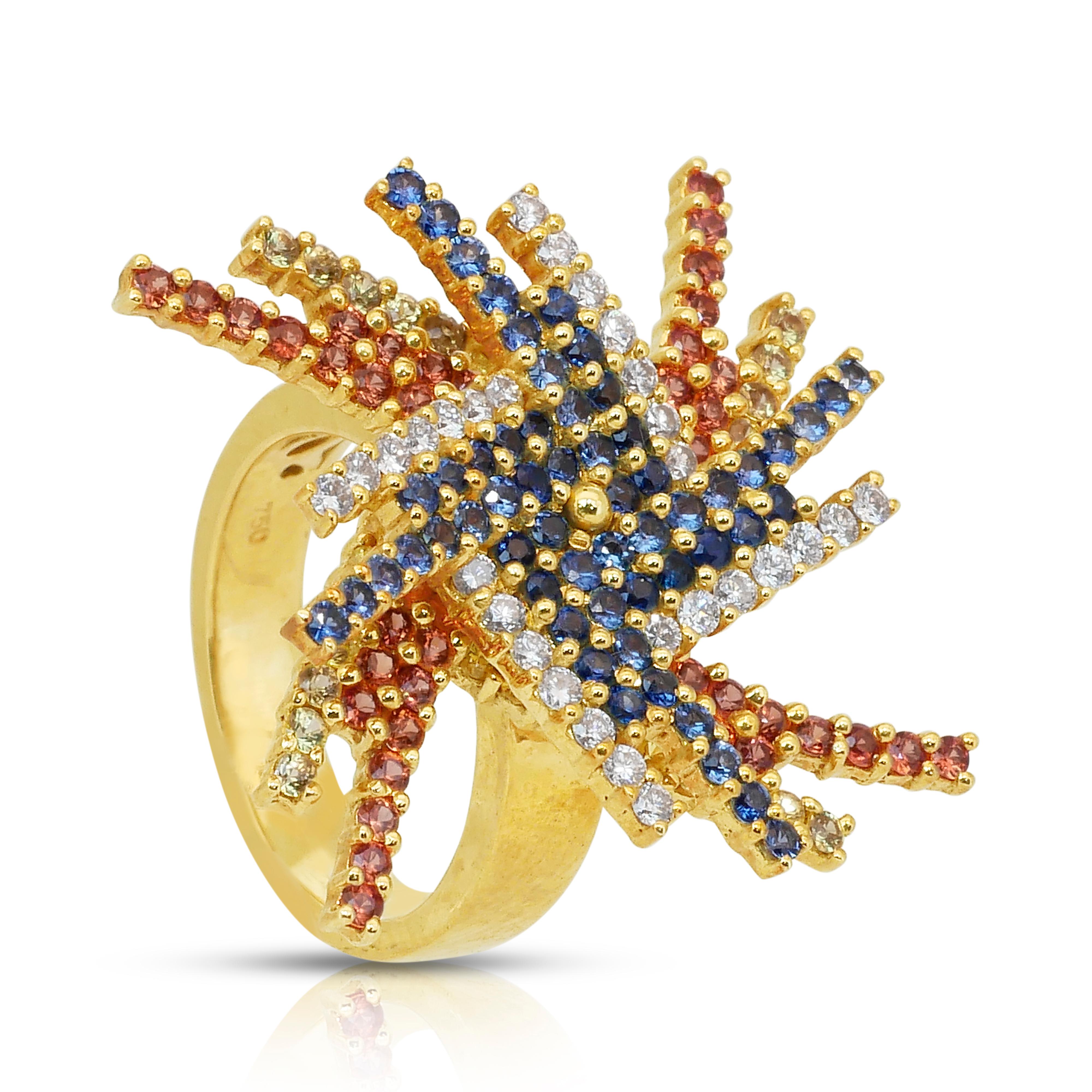 Bague unique en or jaune 18k de 3,15ct de saphirs et diamants en vente 1