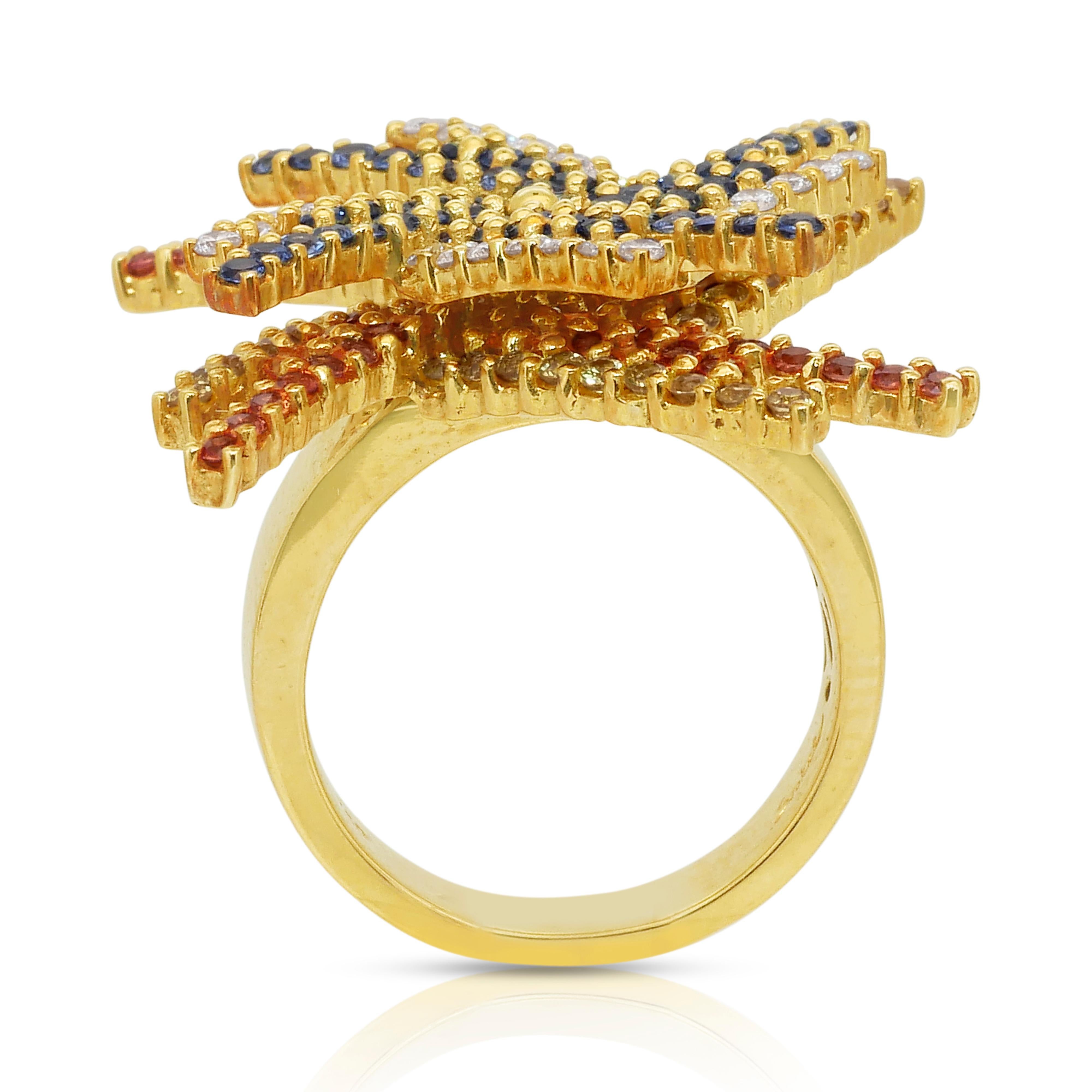 Bague unique en or jaune 18k de 3,15ct de saphirs et diamants en vente 2