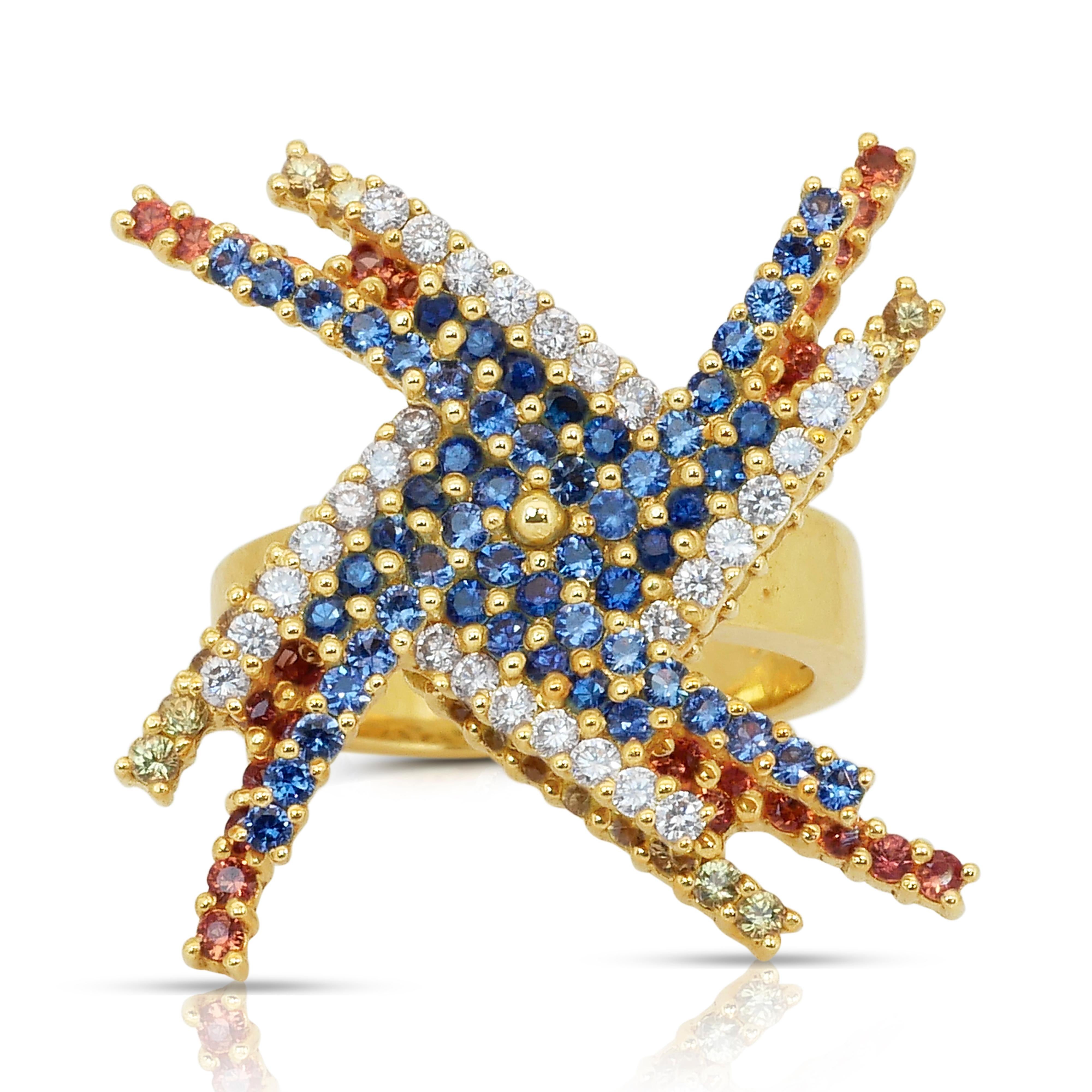 Bague unique en or jaune 18k de 3,15ct de saphirs et diamants en vente 3