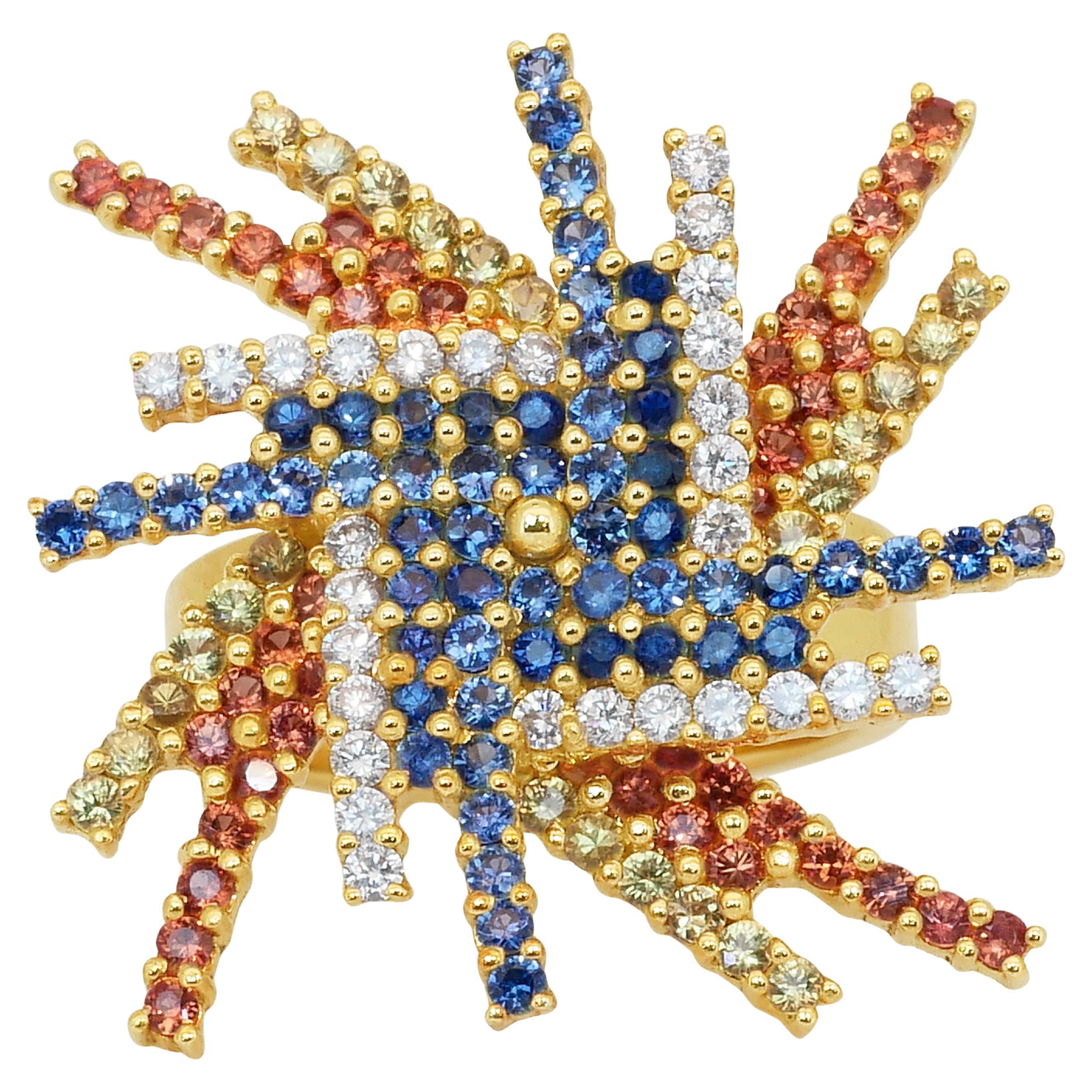 Bague unique en or jaune 18k de 3,15ct de saphirs et diamants en vente