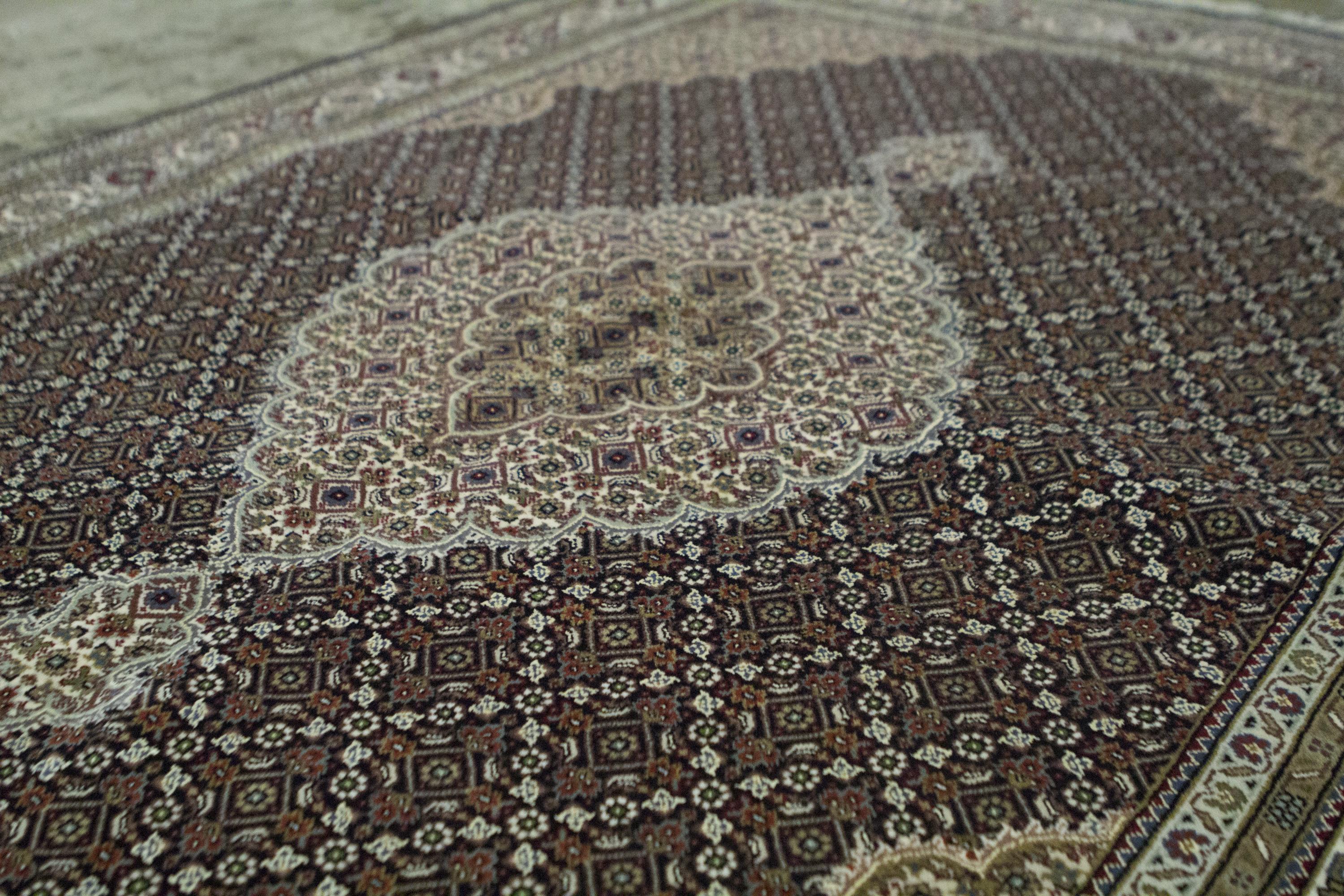 Dieser elegante handgewebte Teppich stammt aus Indien und ist aus feinster Wolle und Baumwolle gewebt, um ein weiches und luxuriöses Stück zu schaffen, das sich in vielen verschiedenen Umgebungen gut macht. Maße: 5'-7