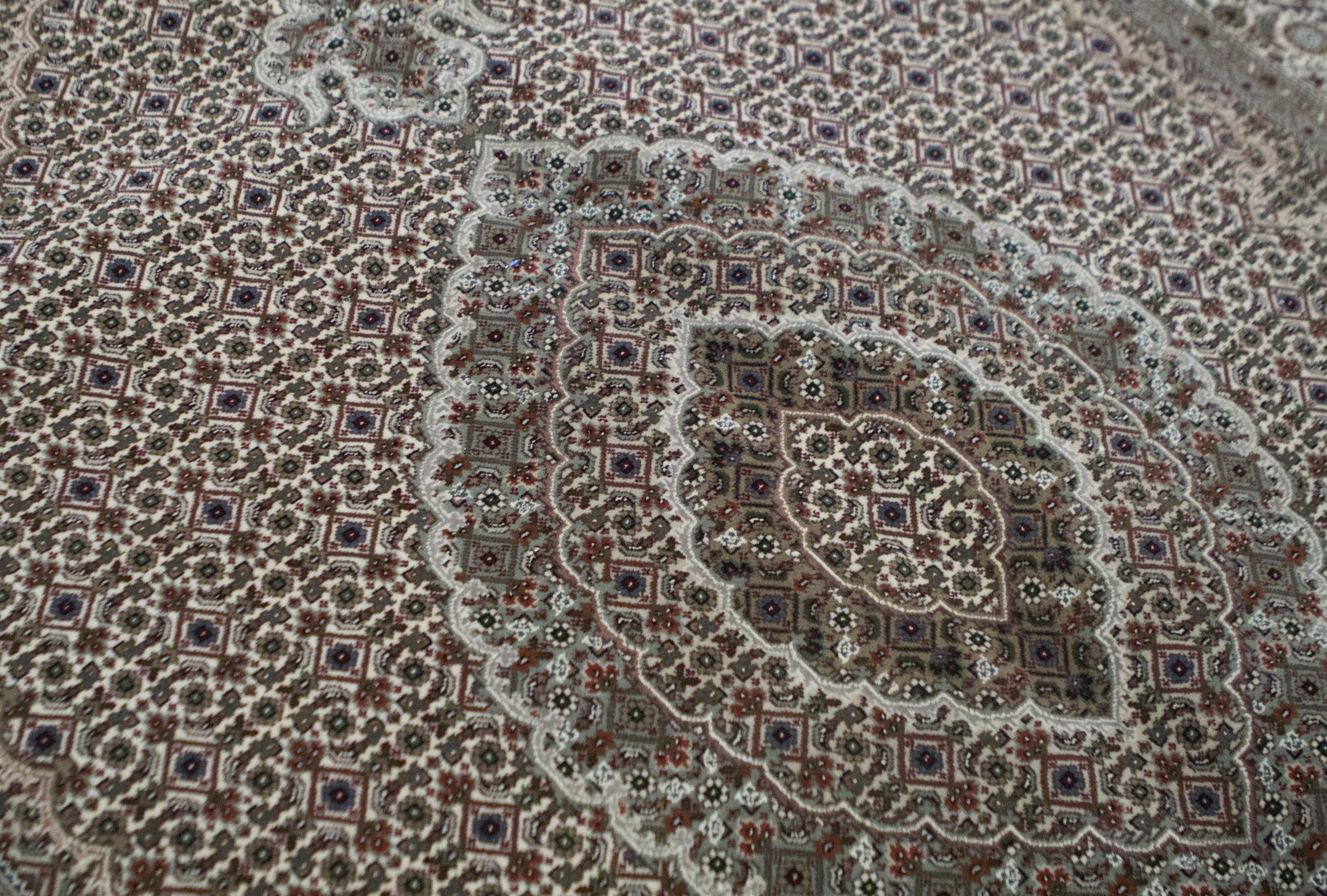 Dieser elegante handgewebte Teppich stammt aus Indien und ist aus feinster Wolle und Baumwolle gewebt, um ein weiches und luxuriöses Stück zu schaffen, das sich in vielen verschiedenen Umgebungen gut macht. Maße: 5'-7