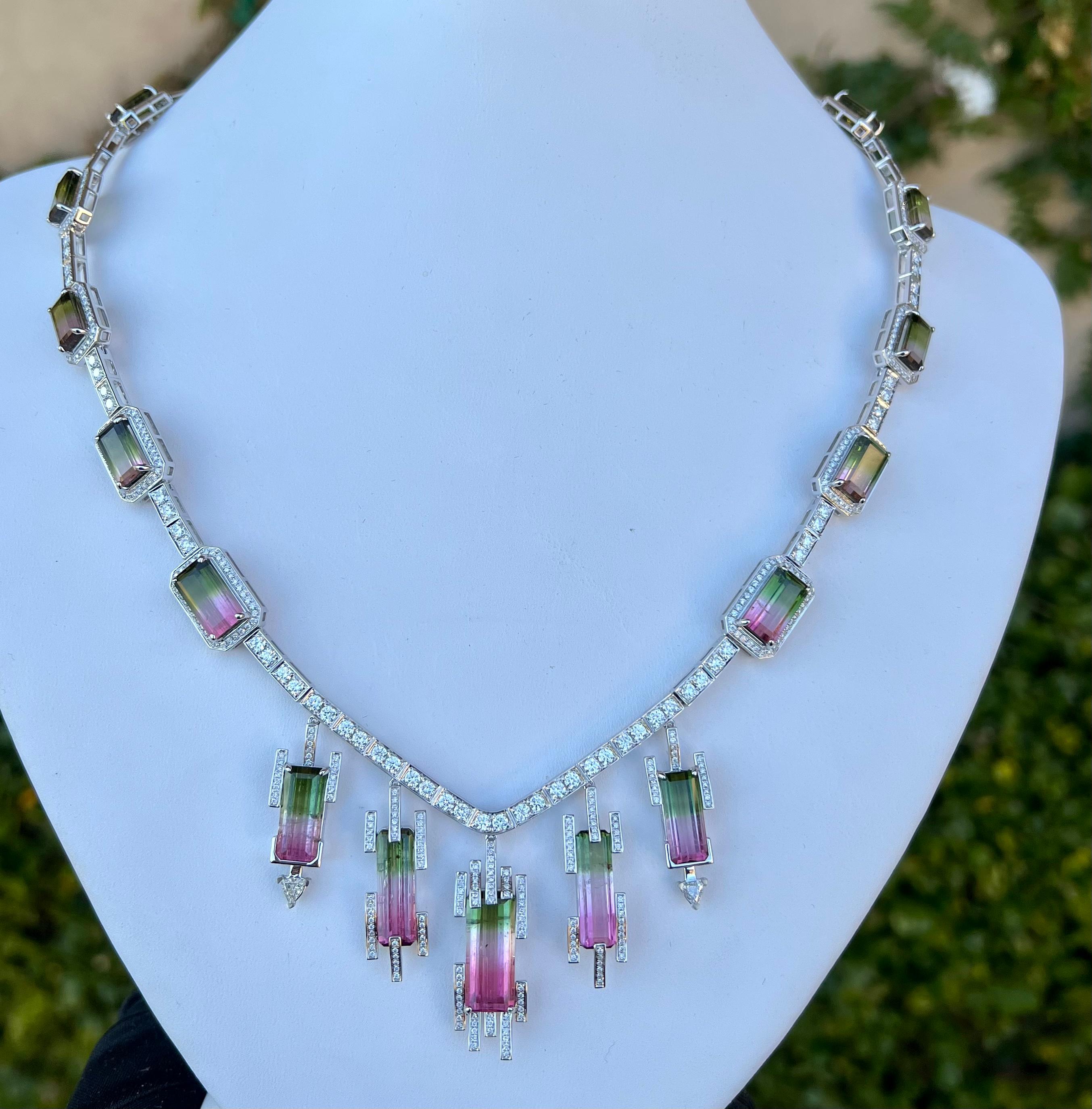 Artisan  One of a Kind 50.88 Carat Watermelon Tourmaline and Diamond 18K Gold Necklace  For Sale