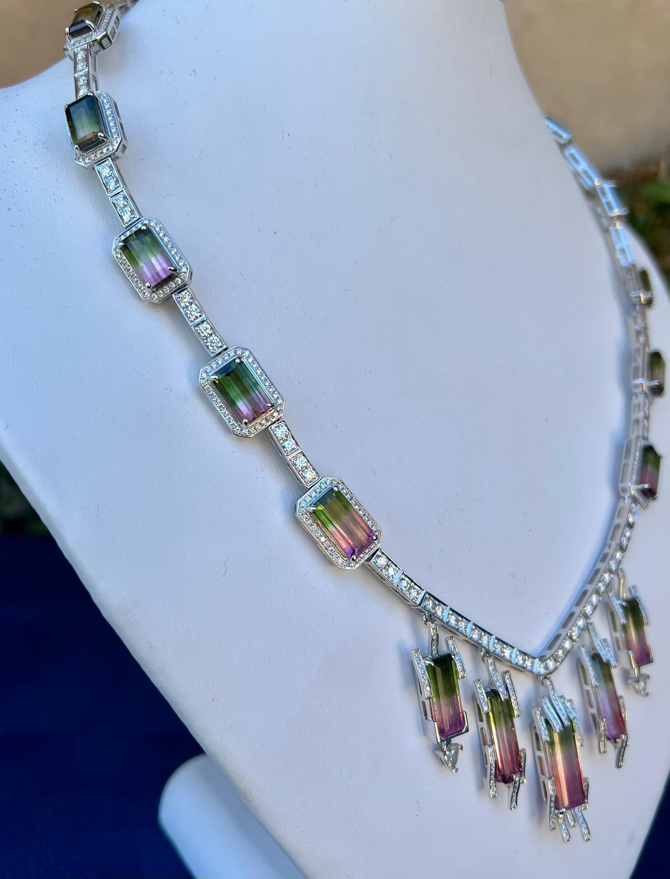 Emerald Cut  One of a Kind 50.88 Carat Watermelon Tourmaline and Diamond 18K Gold Necklace  For Sale
