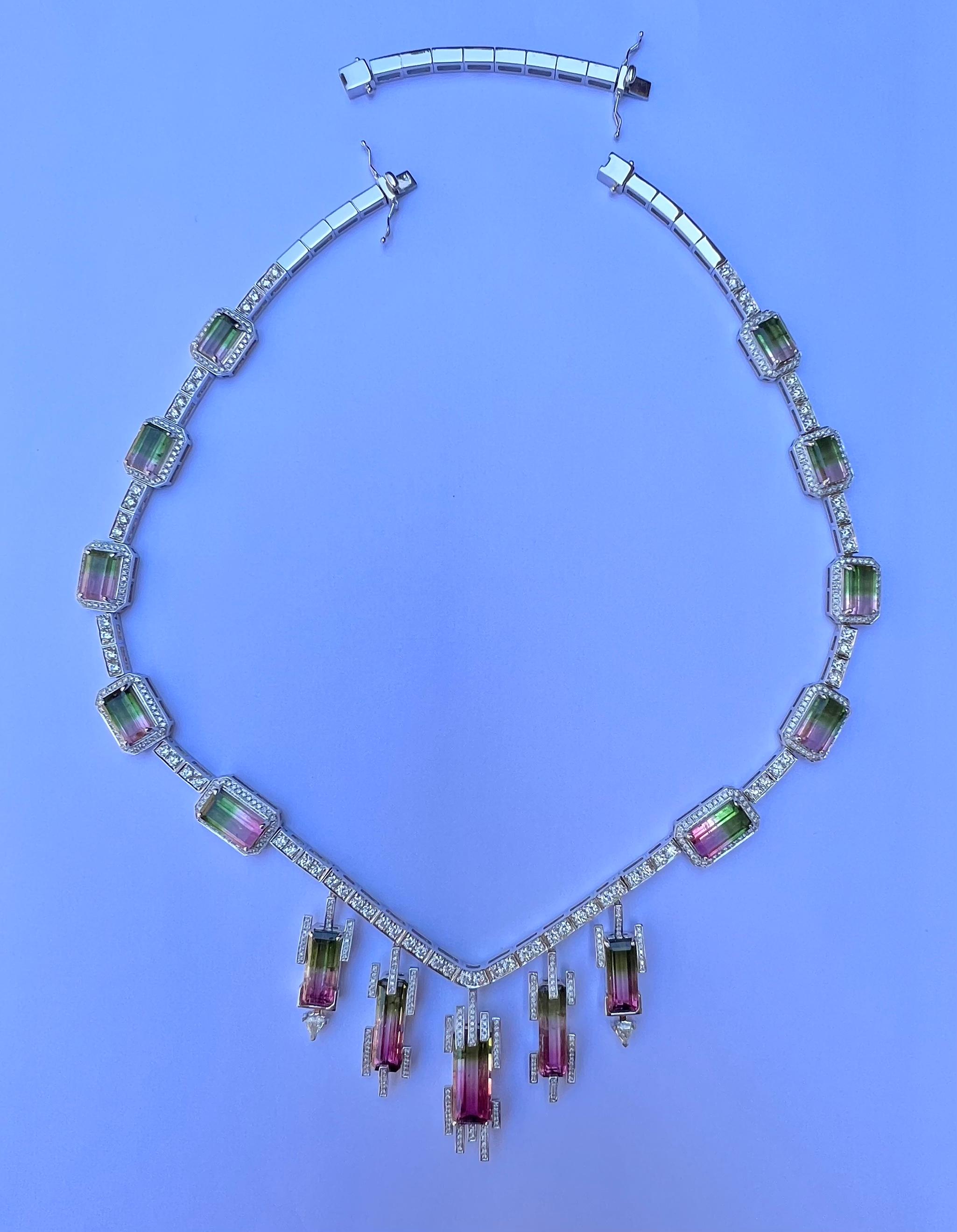  One of a Kind 50.88 Carat Watermelon Tourmaline and Diamond 18K Gold Necklace  In Excellent Condition For Sale In Tustin, CA