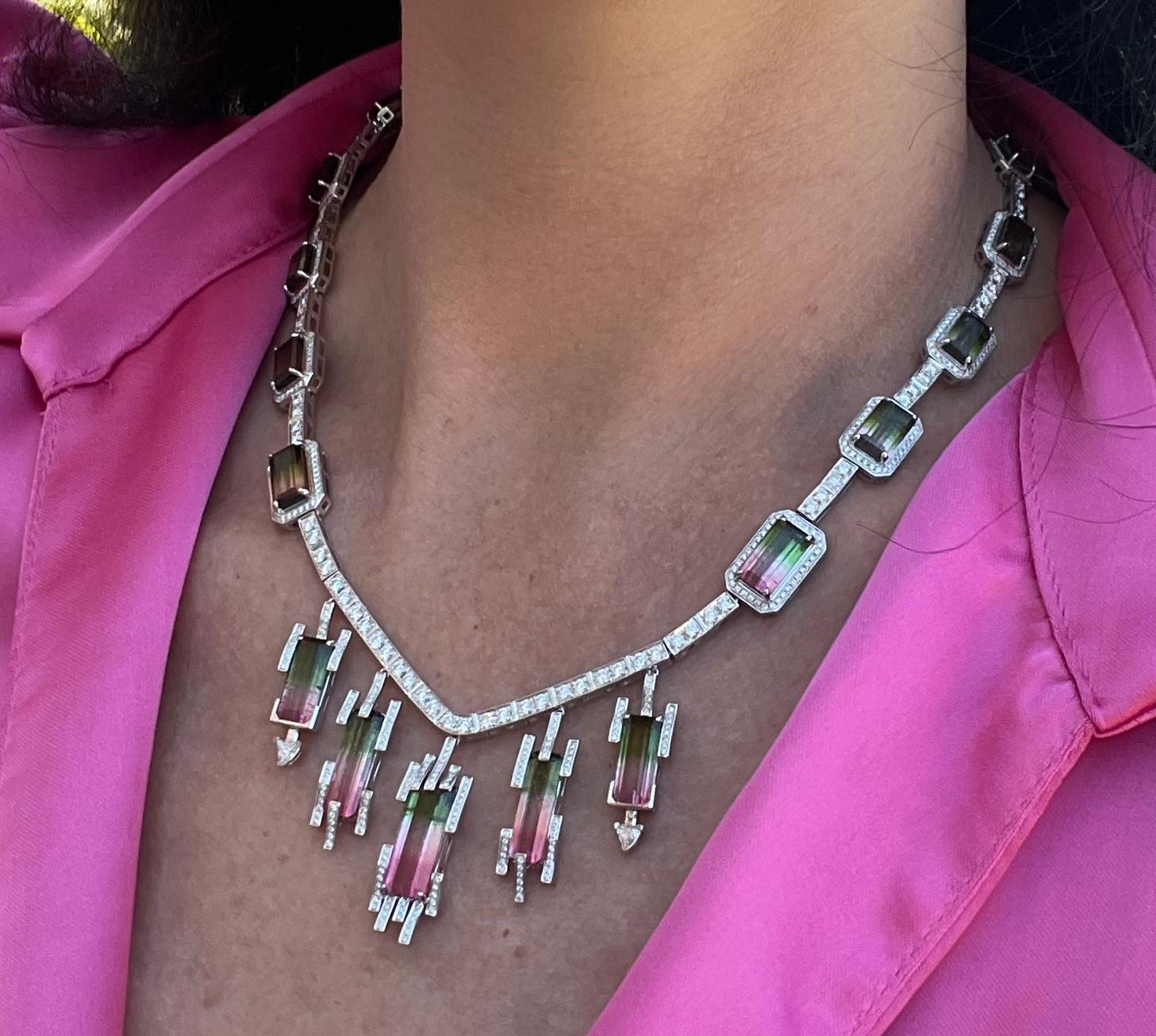  One of a Kind 50.88 Carat Watermelon Tourmaline and Diamond 18K Gold Necklace  For Sale 1