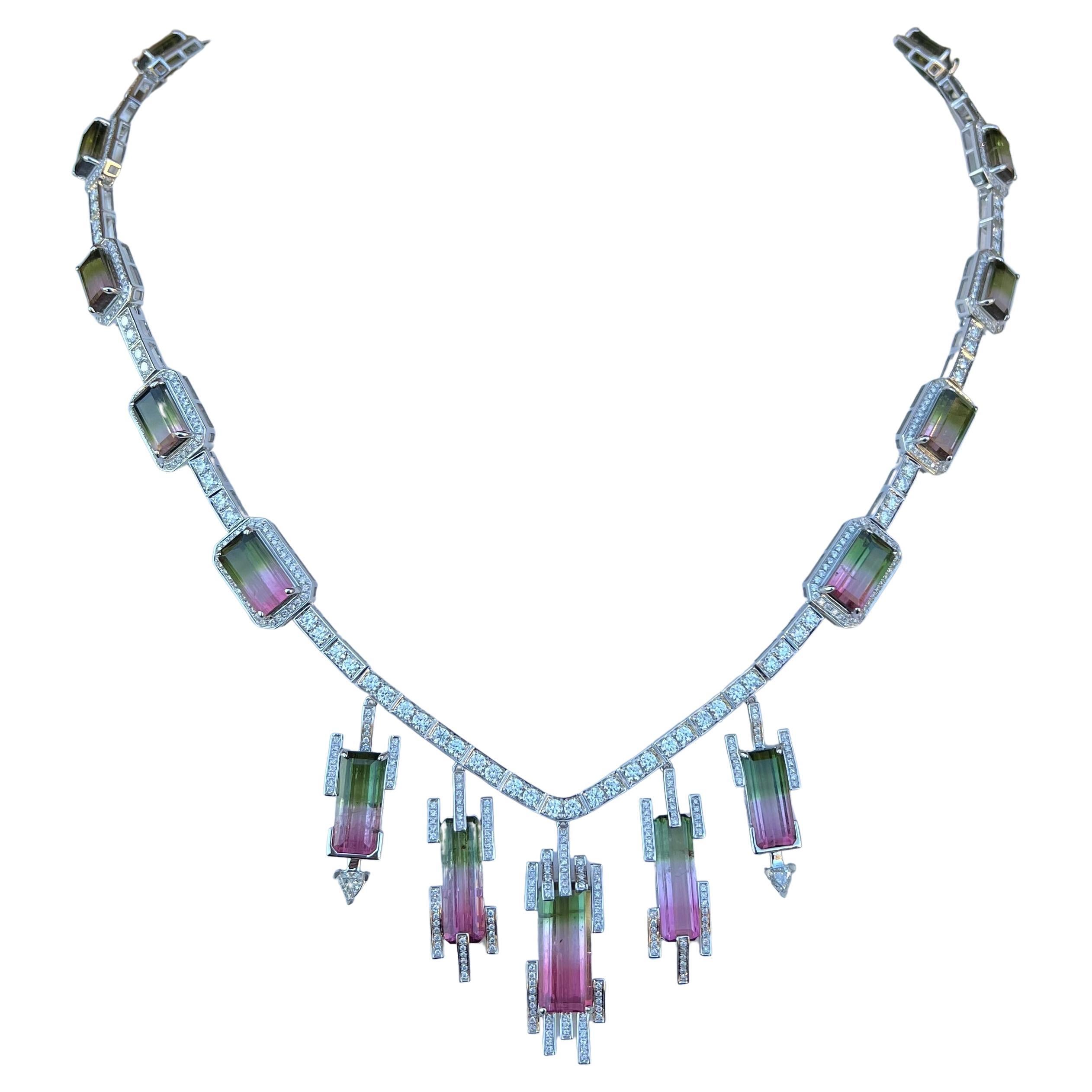  One of a Kind 50.88 Carat Watermelon Tourmaline and Diamond 18K Gold Necklace  For Sale