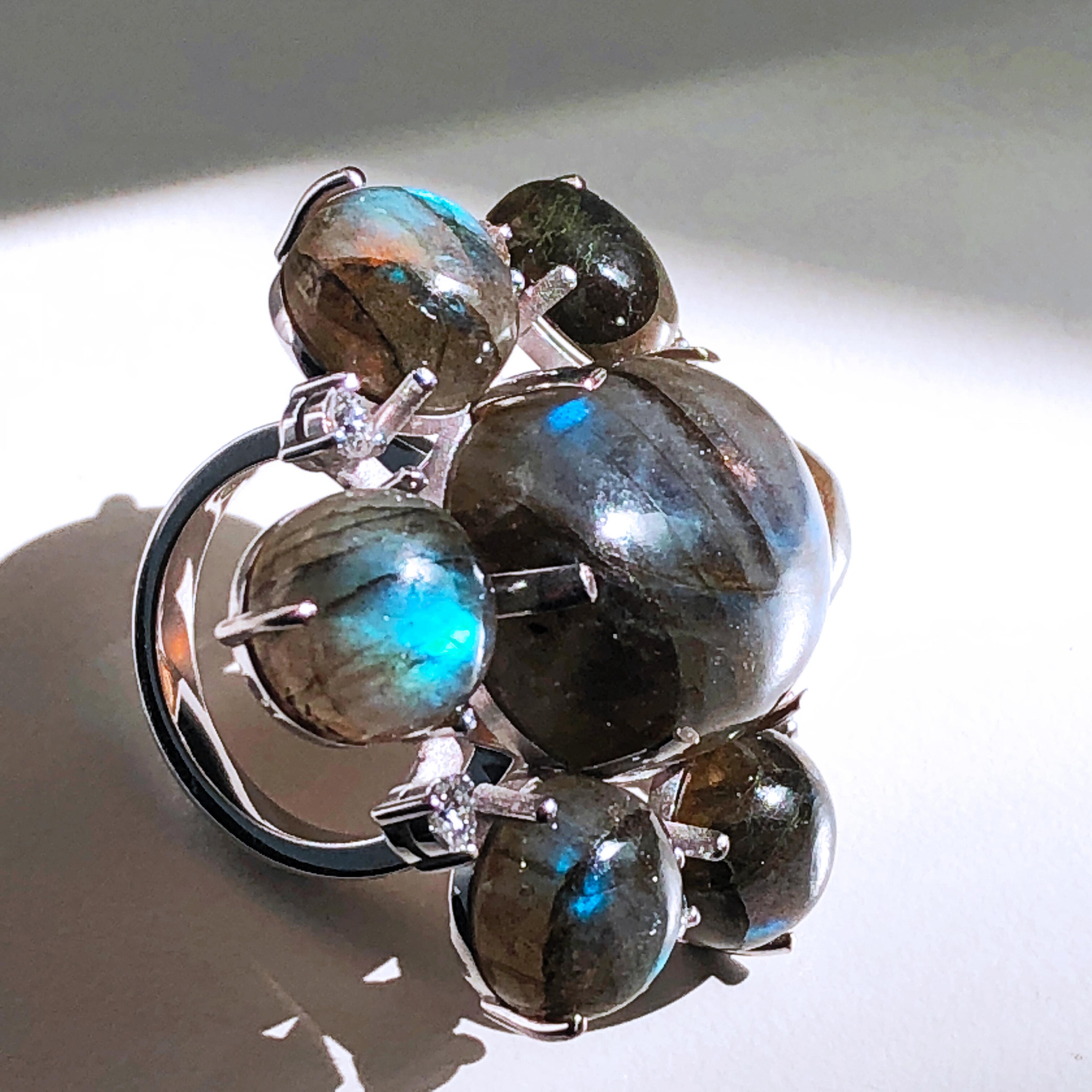 One-of-a-Kind 55.20 Carat Labradorite White Diamond Peacock Blue Cocktail Ring 6