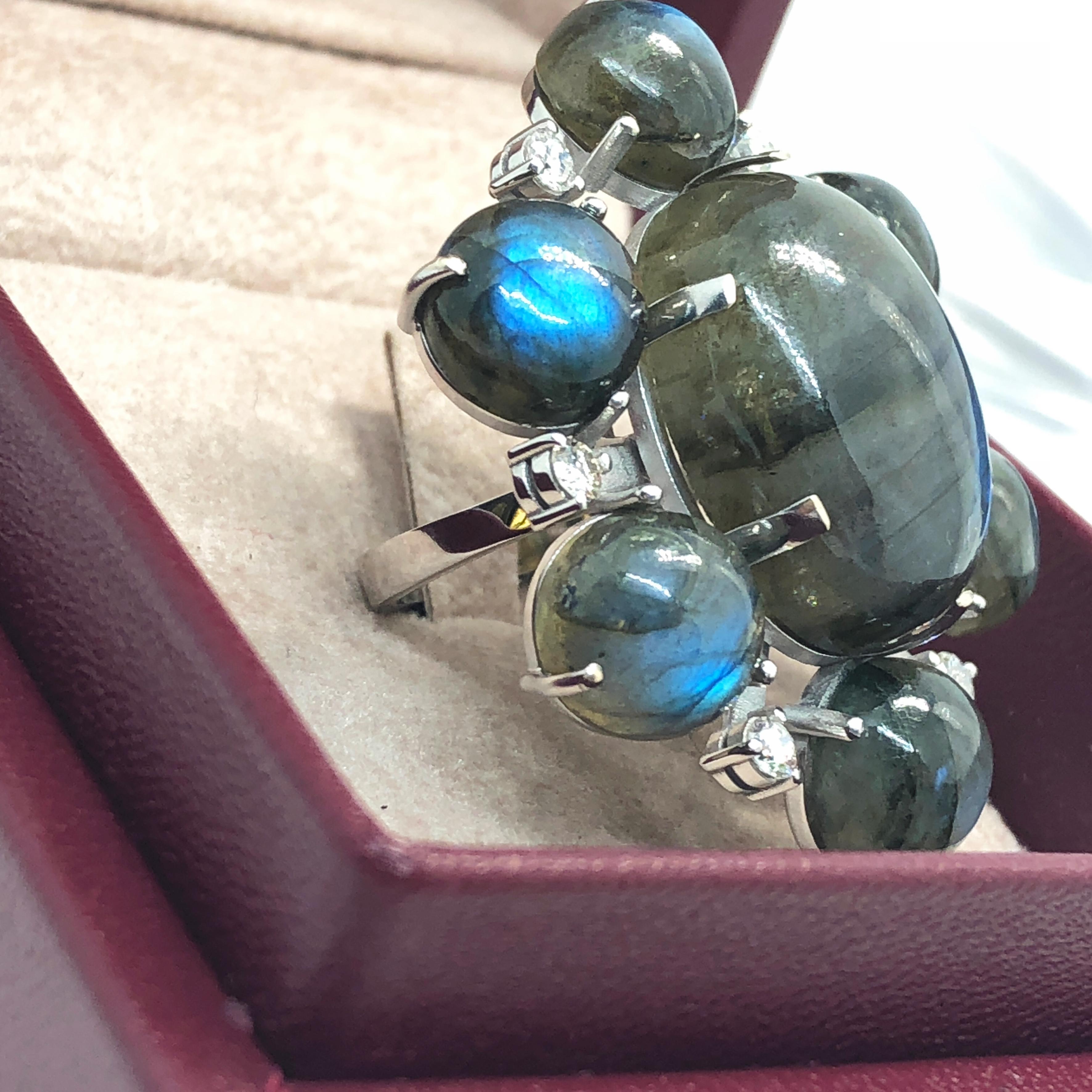 One-of-a-Kind 55.20 Carat Labradorite White Diamond Peacock Blue Cocktail Ring 7