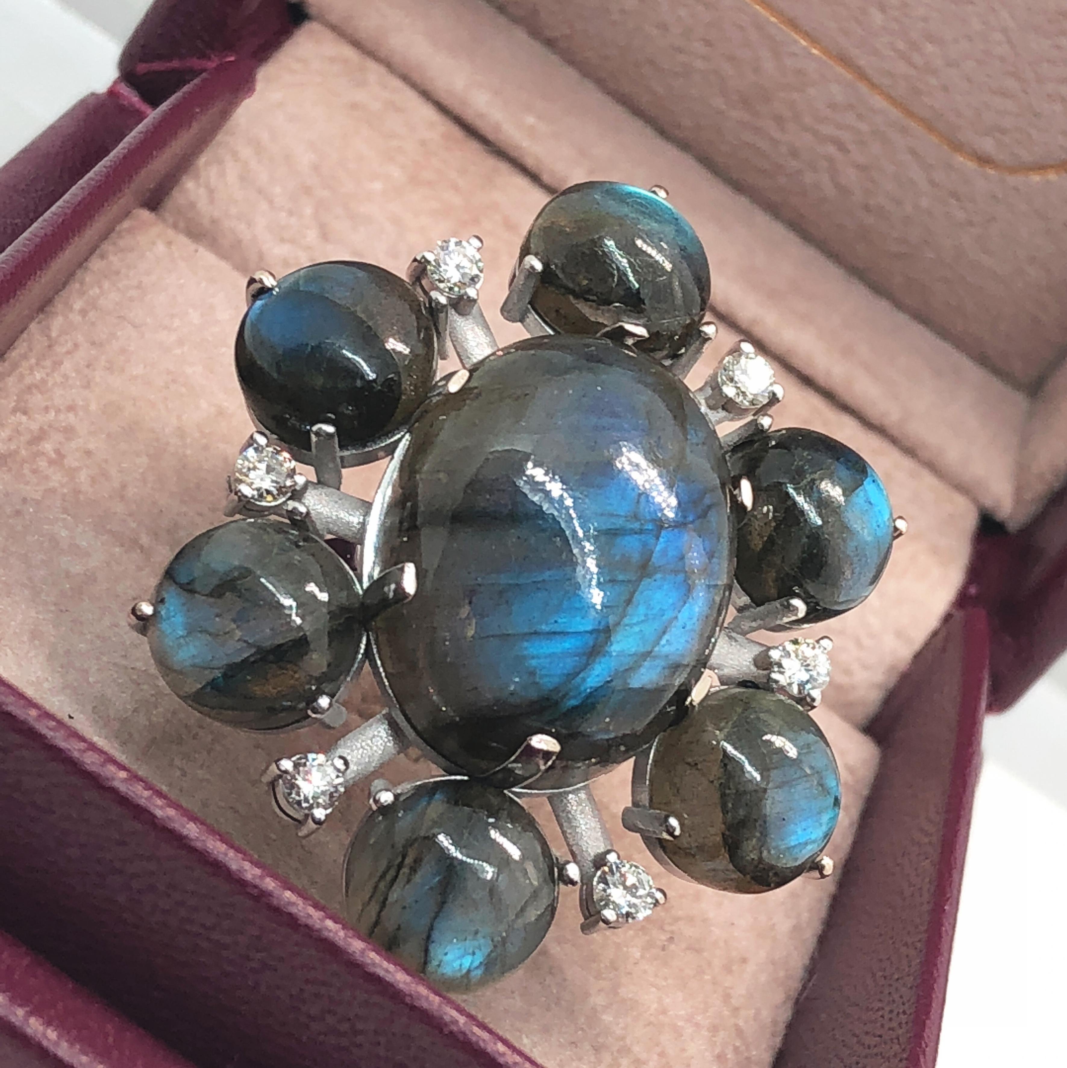 One-of-a-Kind 55.20 Carat Labradorite White Diamond Peacock Blue Cocktail Ring 8