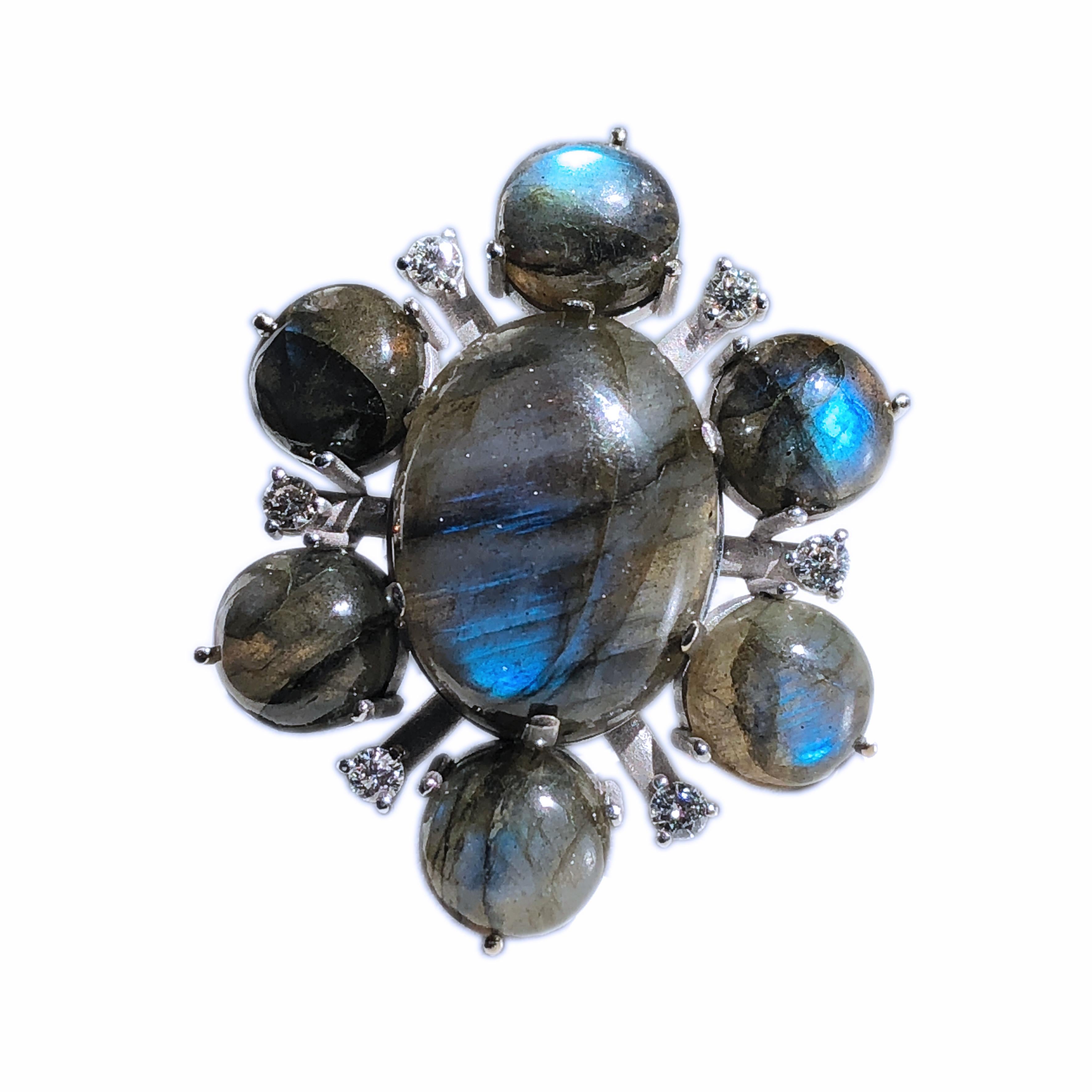 Contemporary One-of-a-Kind 55.20 Carat Labradorite White Diamond Peacock Blue Cocktail Ring