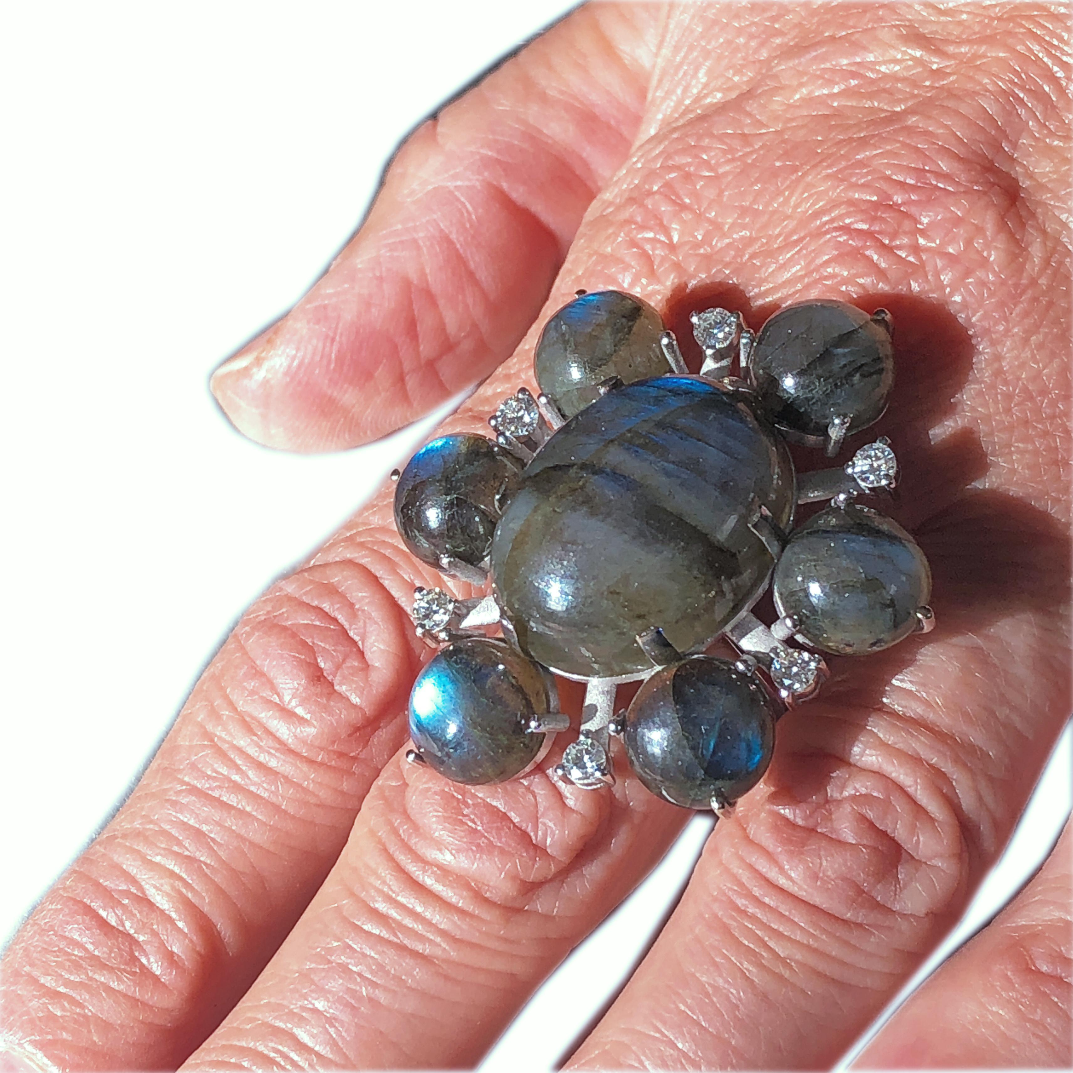 One-of-a-Kind 55.20 Carat Labradorite White Diamond Peacock Blue Cocktail Ring 1