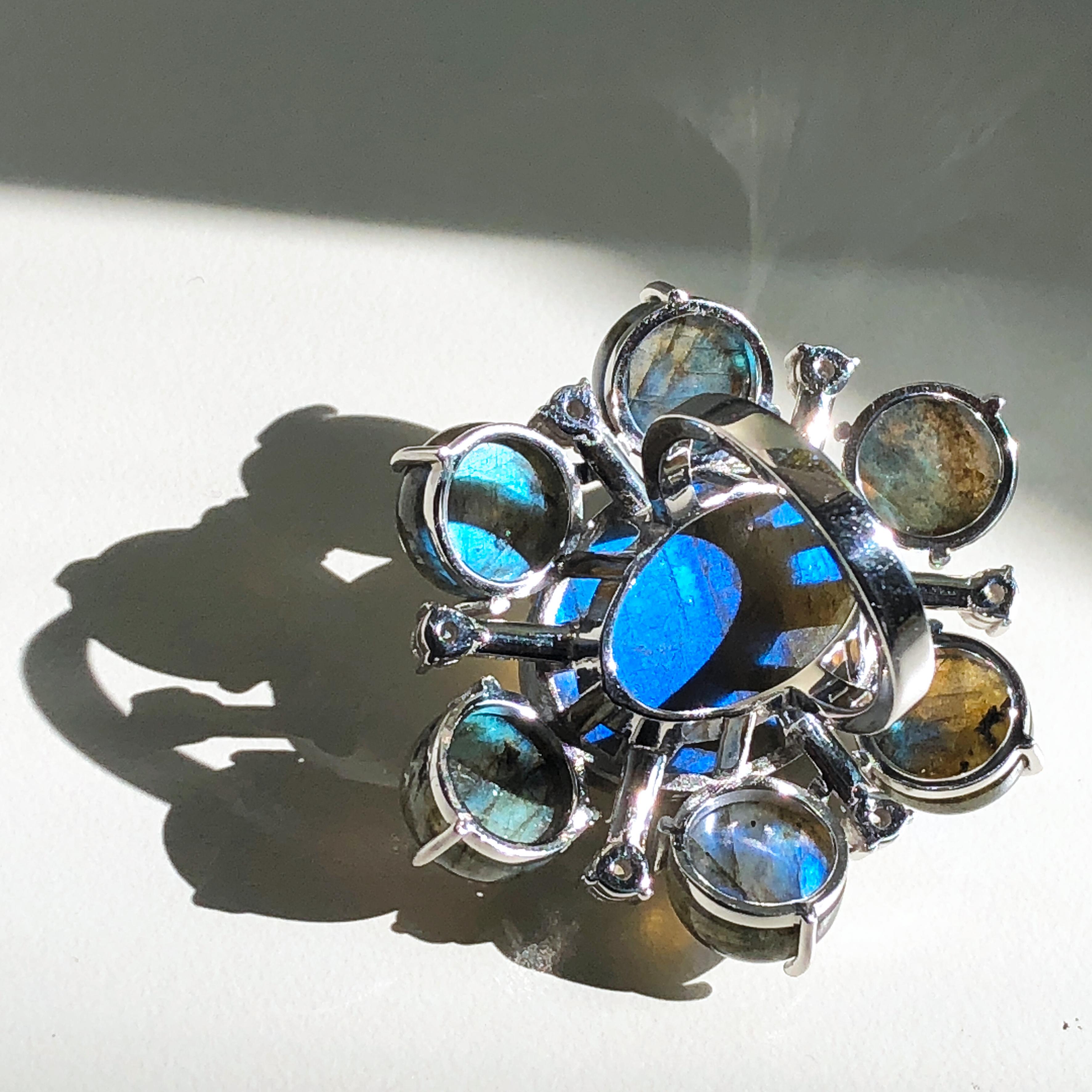 One-of-a-Kind 55.20 Carat Labradorite White Diamond Peacock Blue Cocktail Ring 2