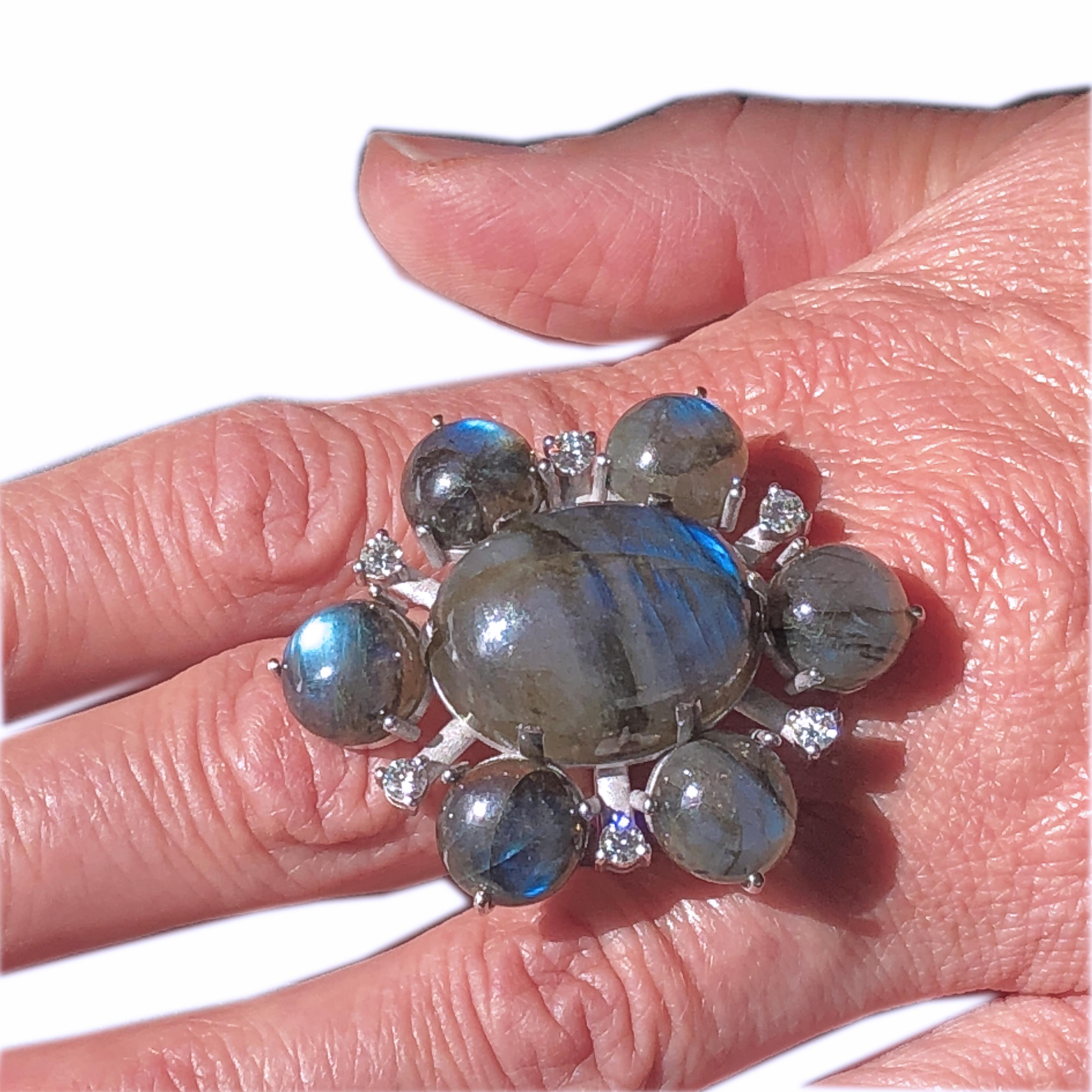 One-of-a-Kind 55.20 Carat Labradorite White Diamond Peacock Blue Cocktail Ring 3